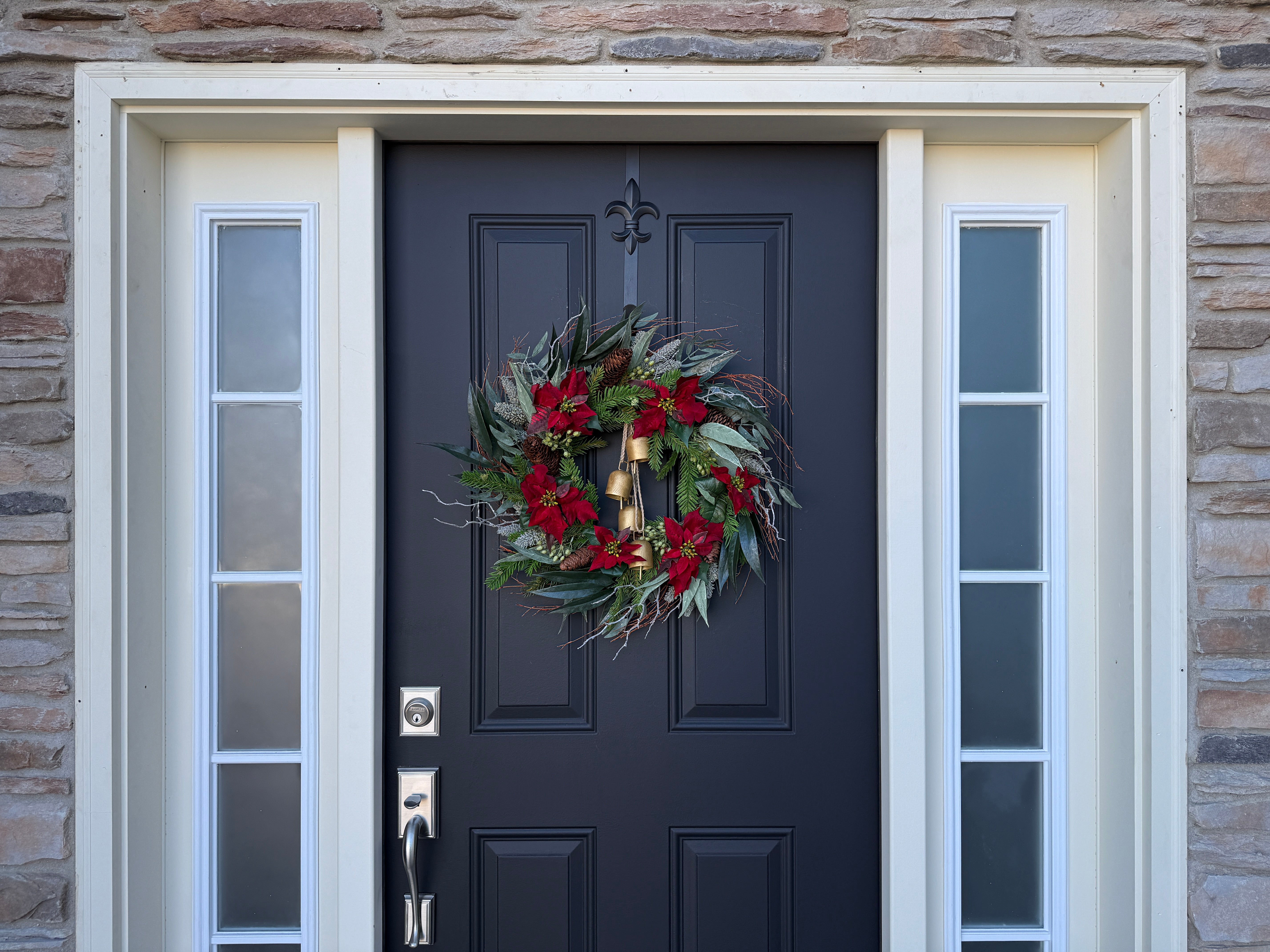 Christmas Wreath with Poinsettias, Pinecones & Gold Bells