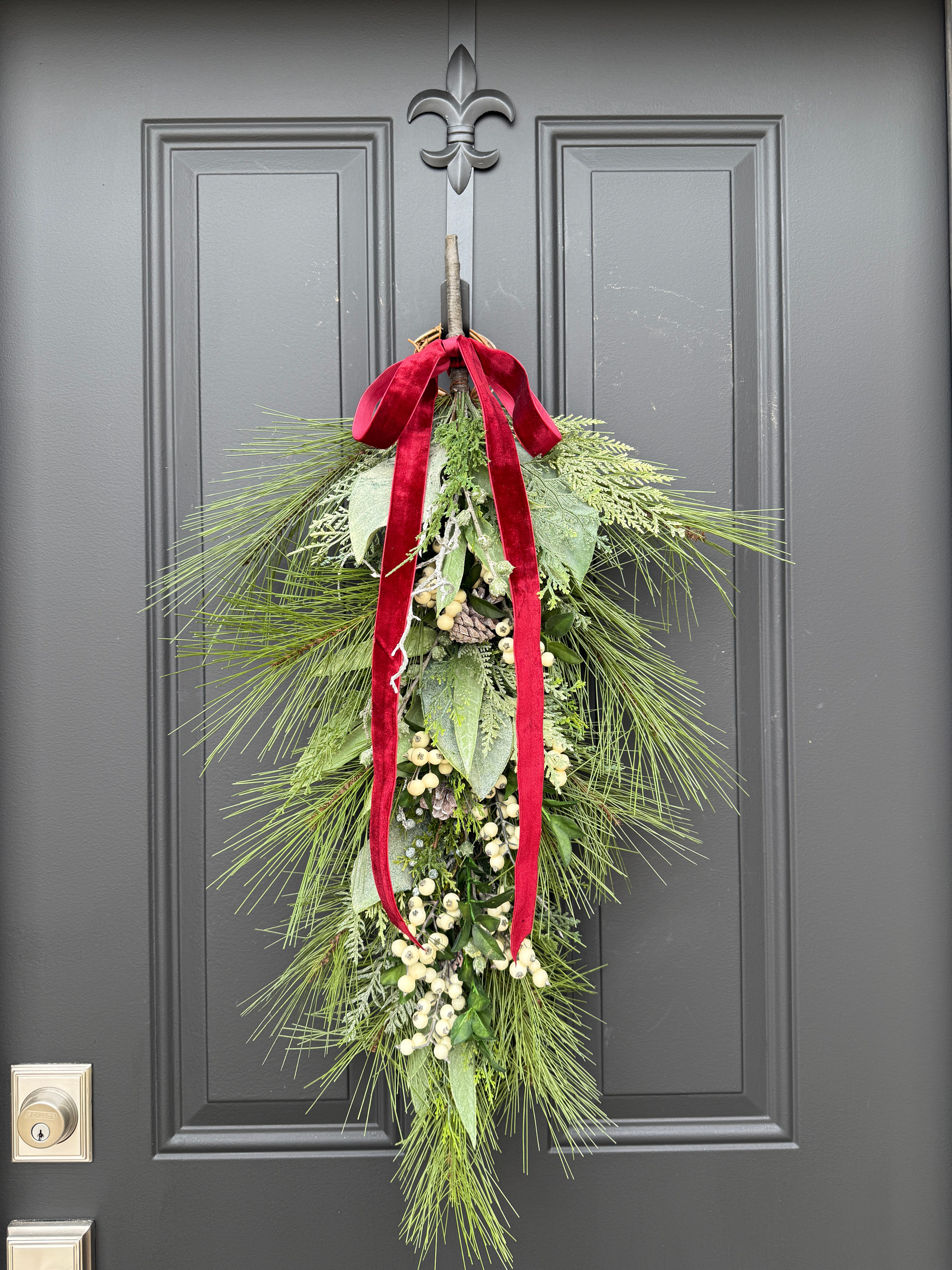 Christmas Door Swag with Red Velvet Ribbon & White Berries