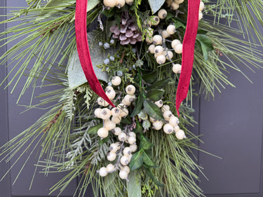 Christmas Door Swag with Red Velvet Ribbon & White Berries | - TwoInspireYou