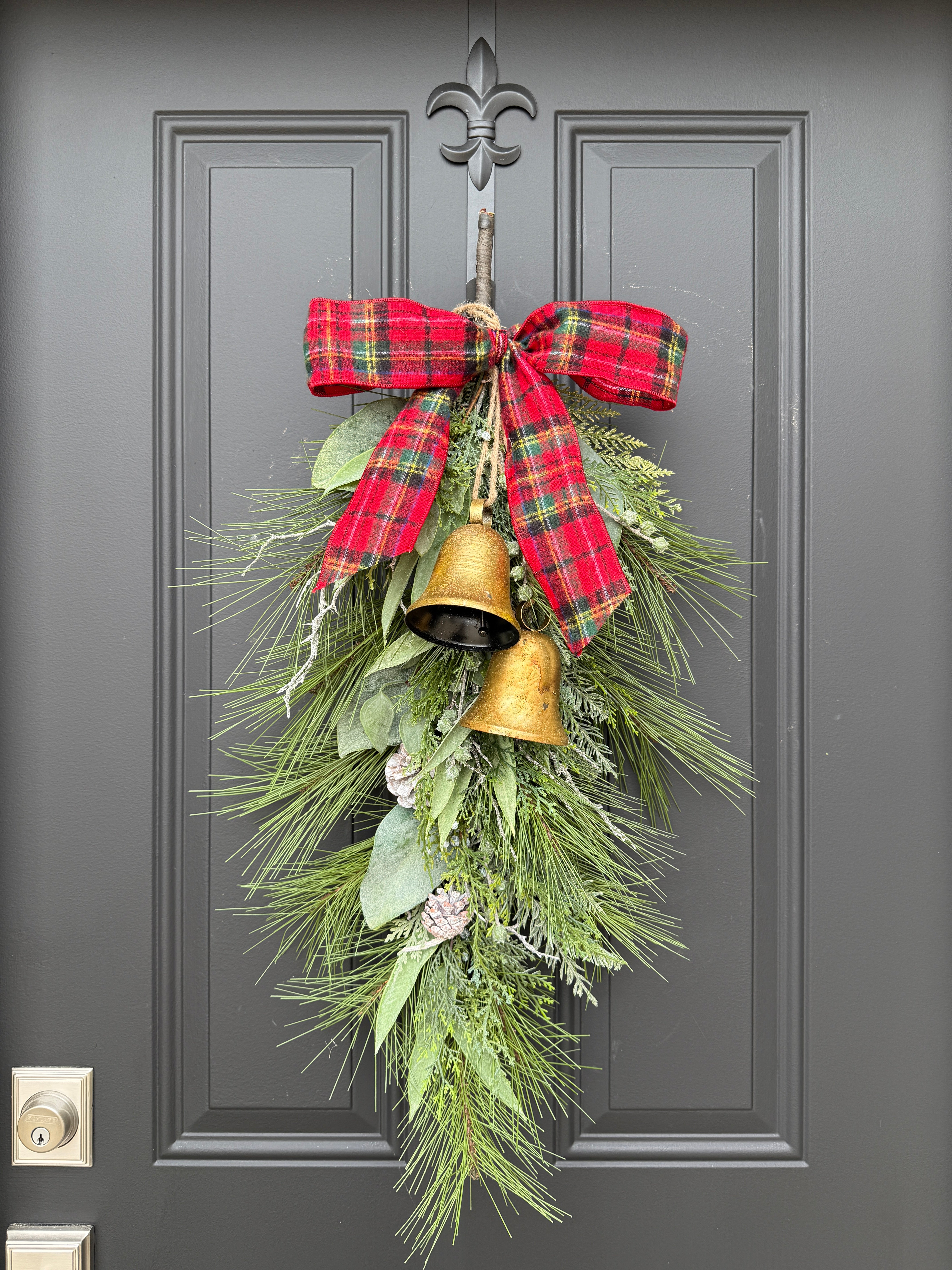 Christmas Door Swag with Bells & Red Plaid Bow | Pine & Eucalyptus