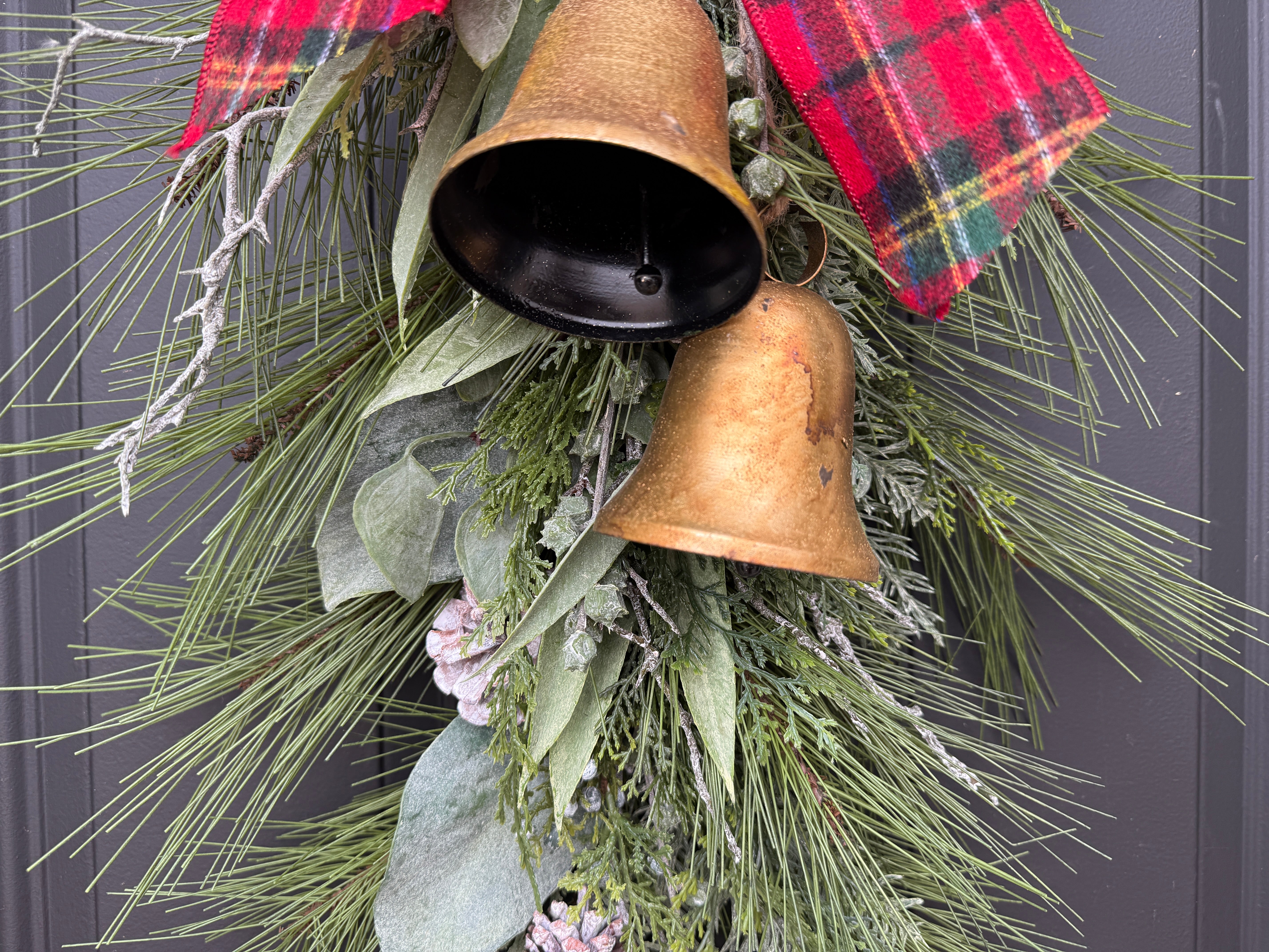 Christmas Door Swag with Bells & Red Plaid Bow | Pine & Eucalyptus