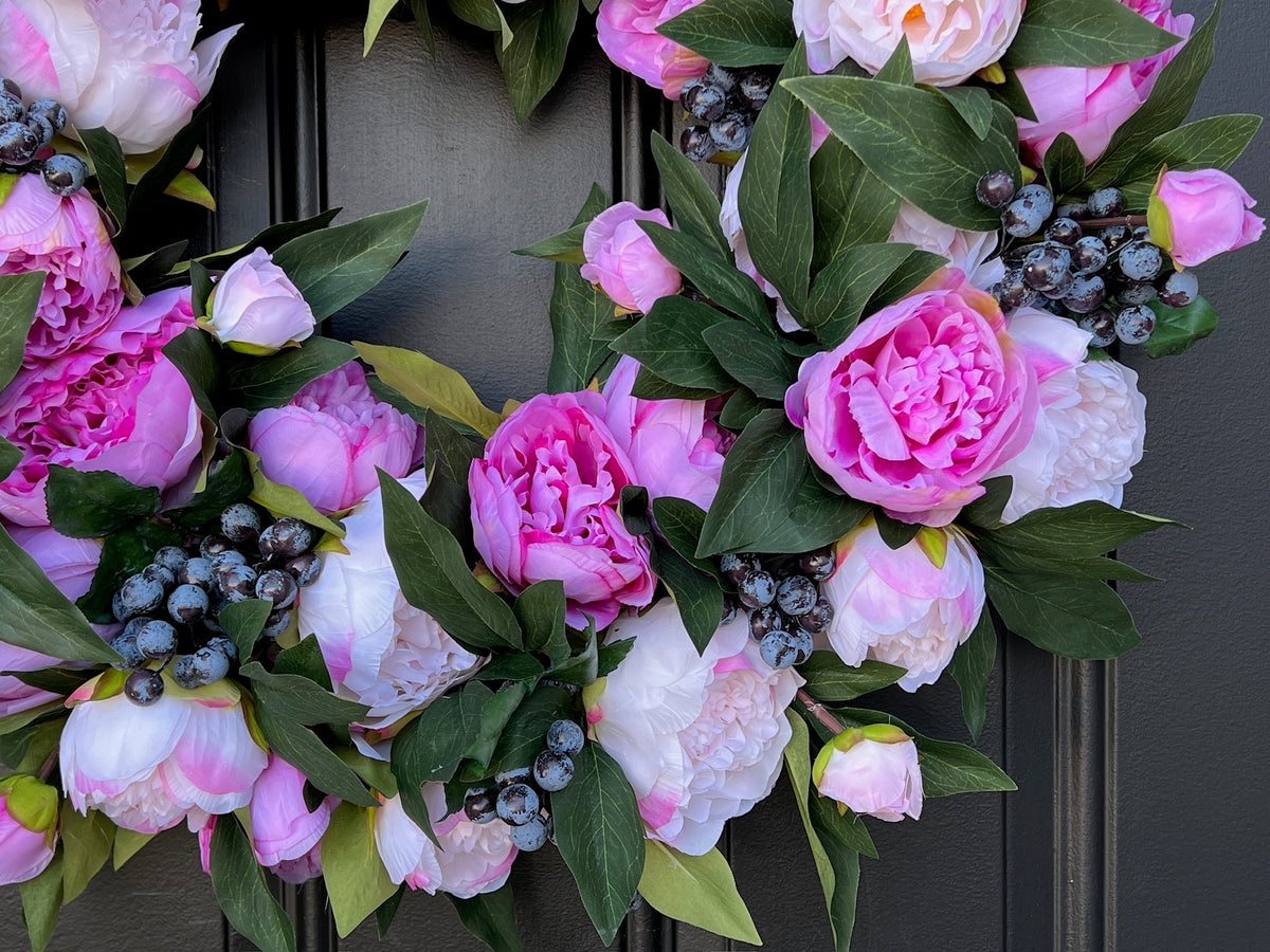 22 in. Spring Wreath with Peony Flowers, Raspberries, and Leafy Greens