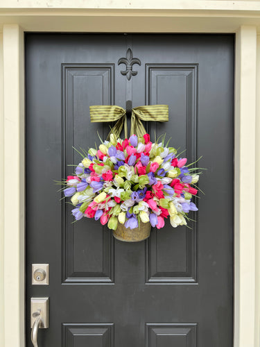 Celebration Front Door Bucket Wreath - Faux Tulip Decor for Spring - TwoInspireYou