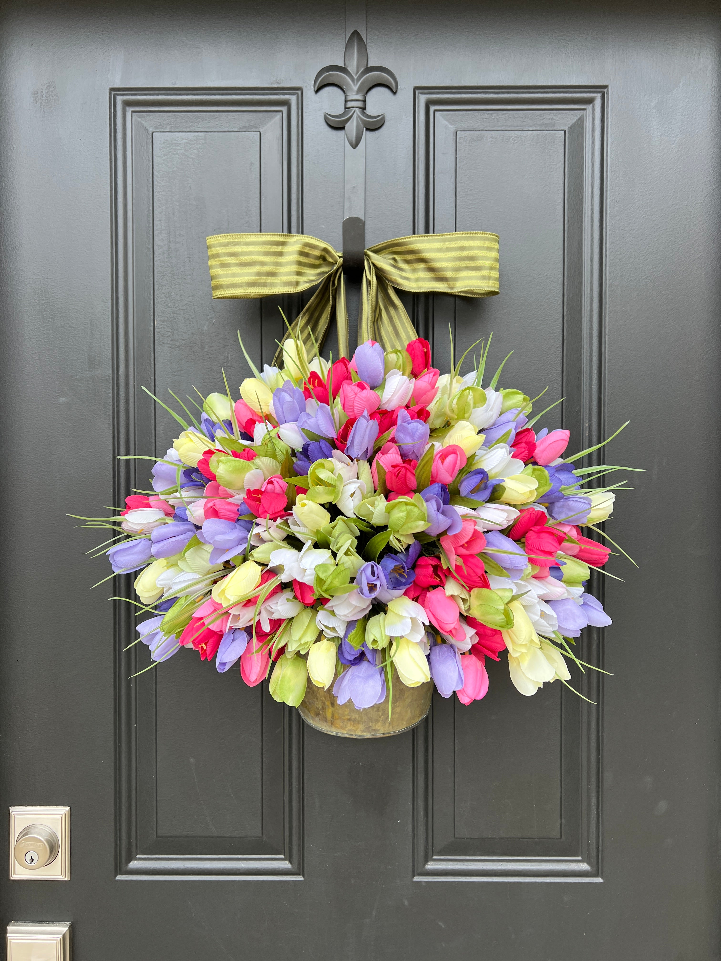 Celebration Front Door Bucket Wreath - Faux Tulip Decor for Spring