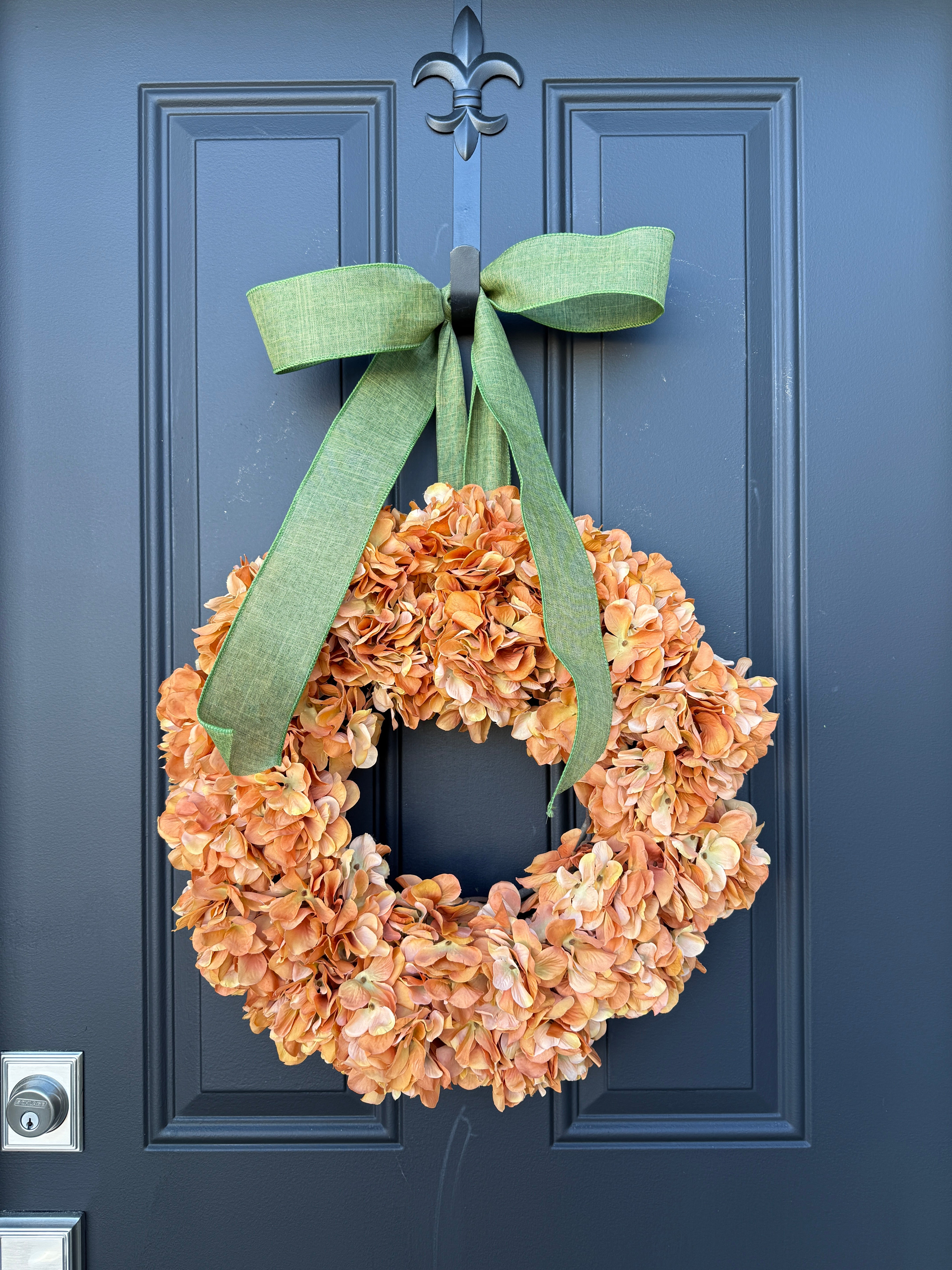Burnt Orange Hydrangea Wreath with Green Linen Bow – Fall Door Décor |