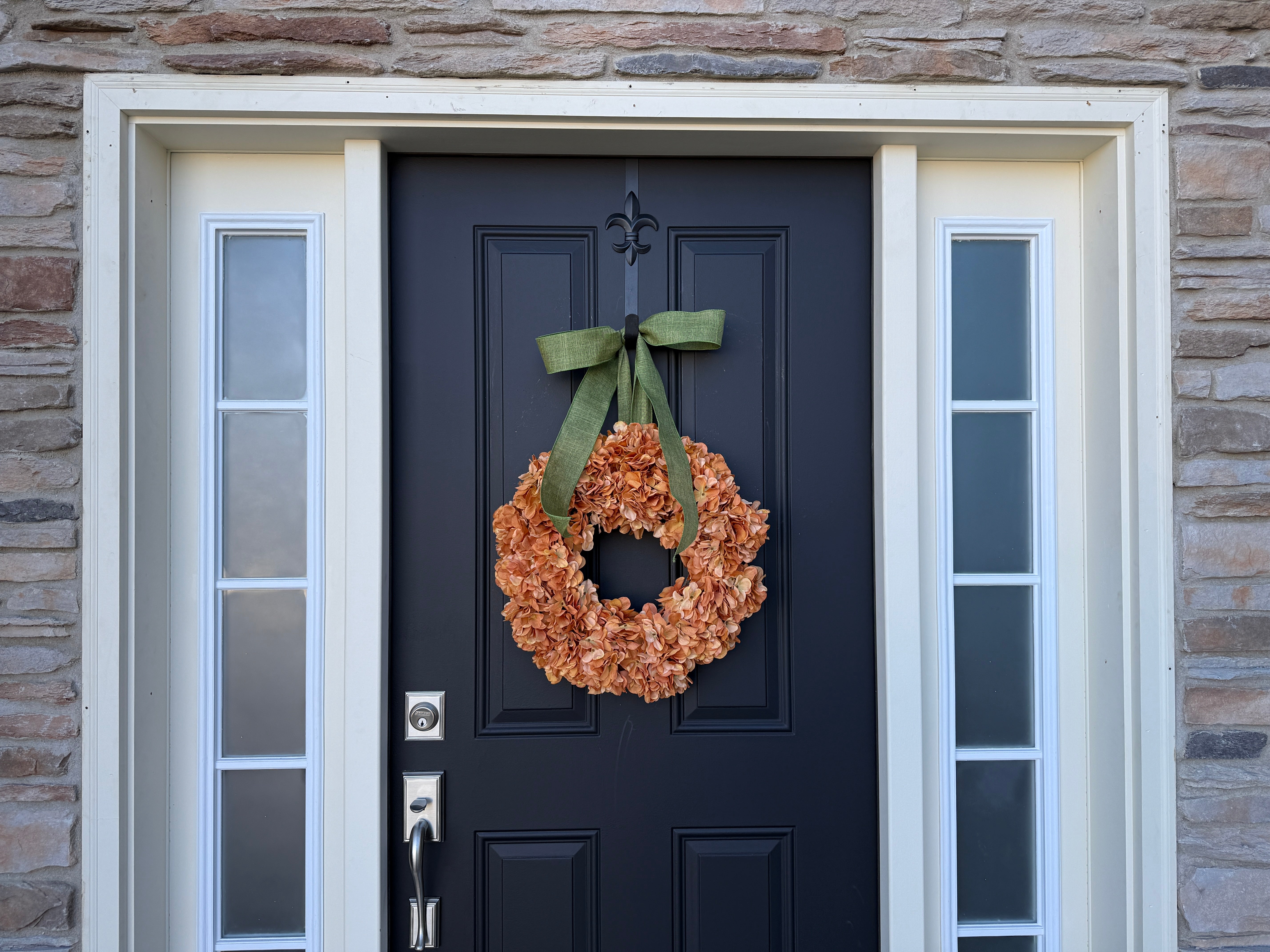 Burnt Orange Hydrangea Wreath with Green Linen Bow – Fall Door Décor |