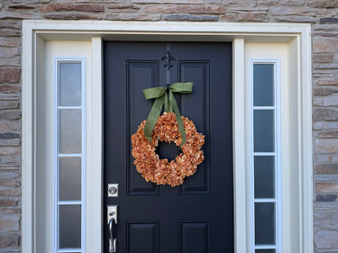 Burnt Orange Hydrangea Wreath with Green Linen Bow – Fall Door Décor | - TwoInspireYou