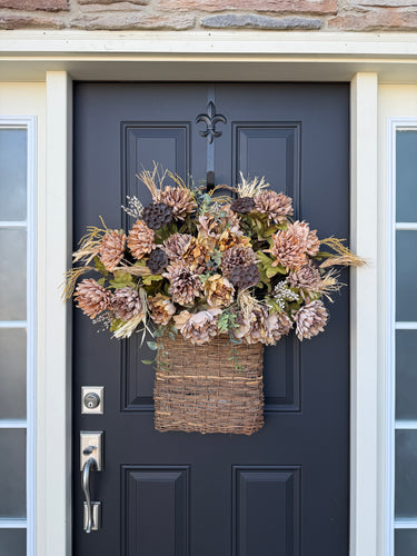 Rustic Autumn Twig Basket with Lotus Pods and Neutral Florals - TwoInspireYou