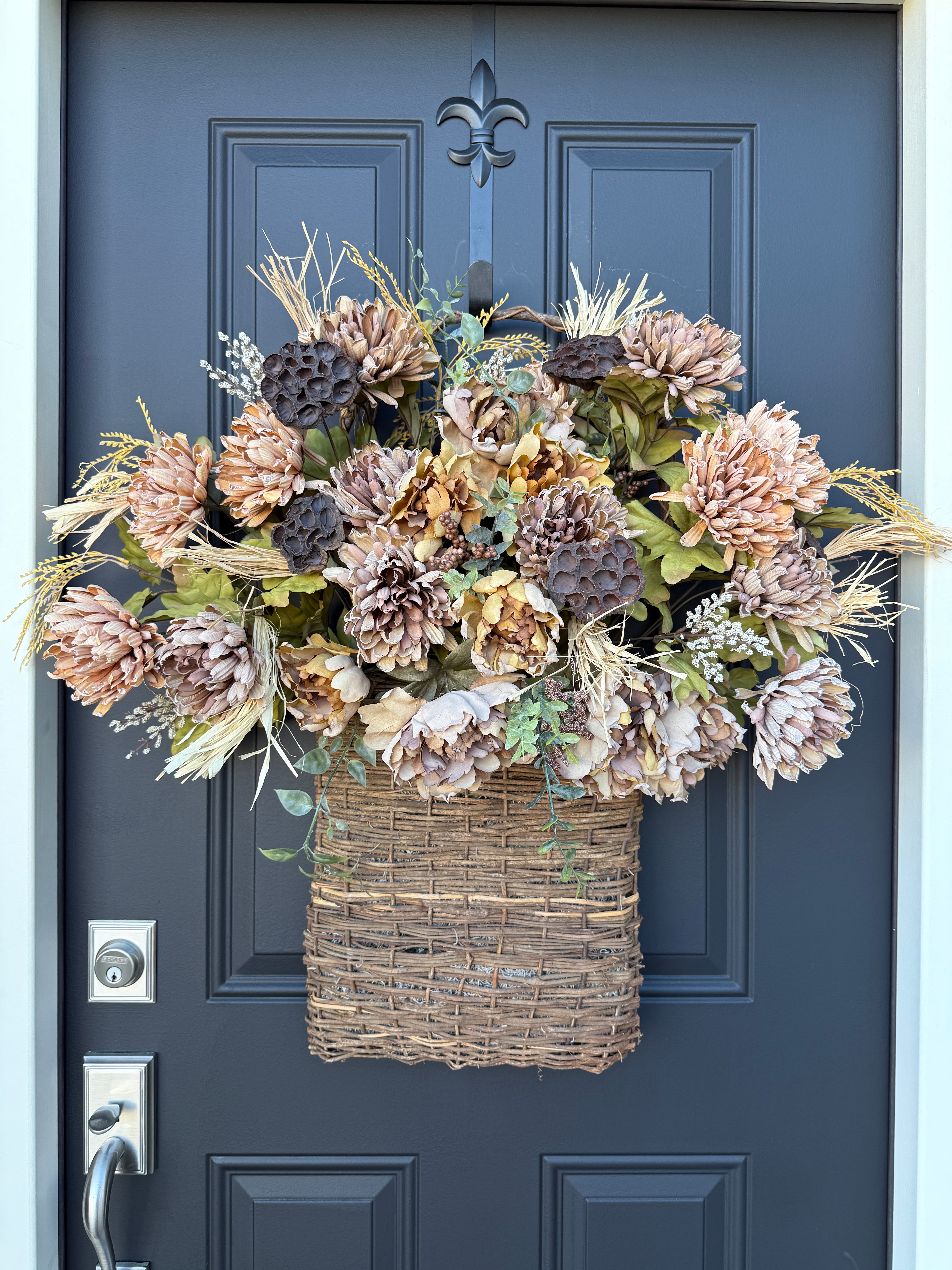 Rustic Autumn Twig Basket with Lotus Pods and Neutral Florals |