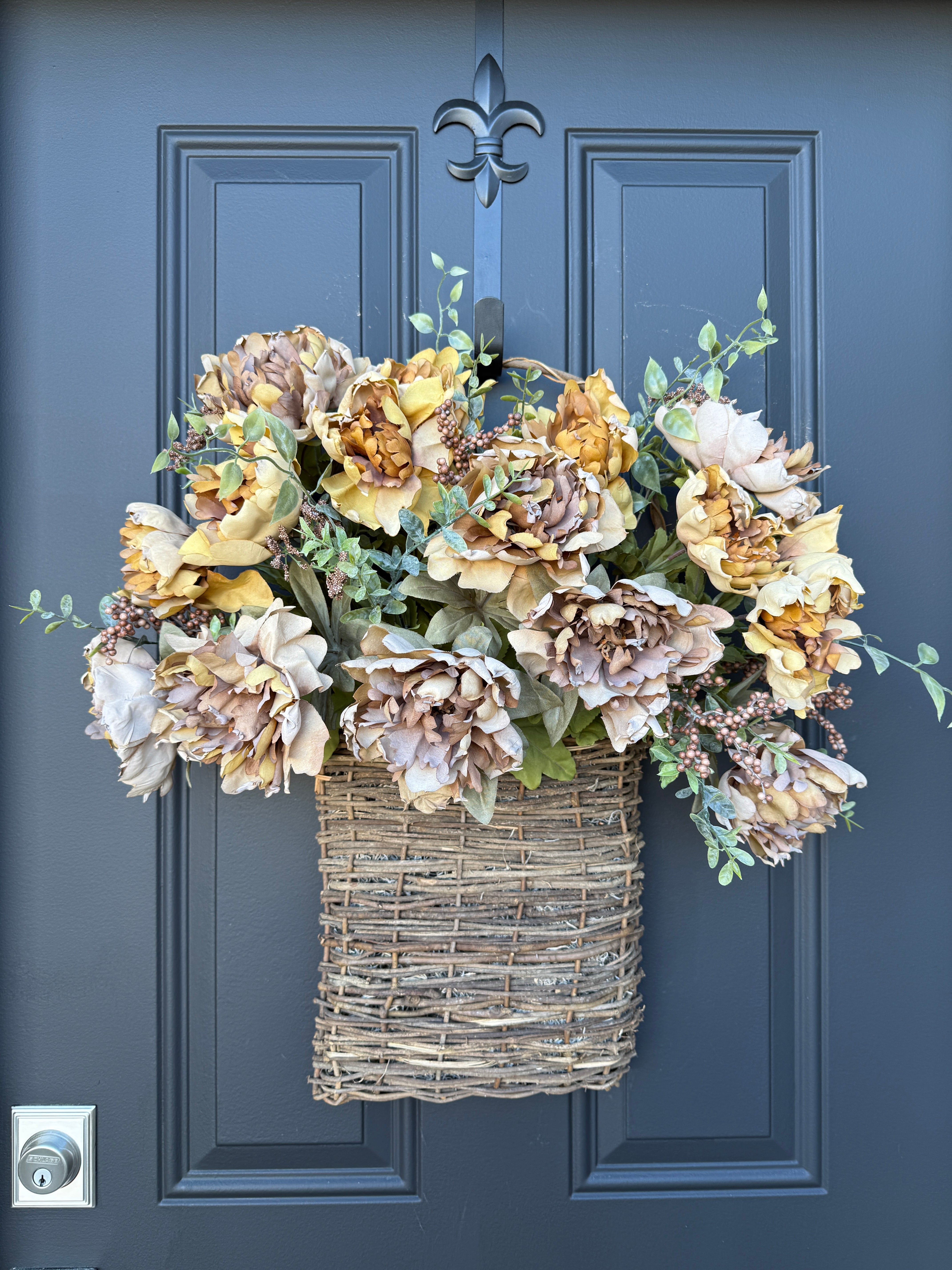 Fall Floral Basket with Beige Blooms and Eucalyptus |