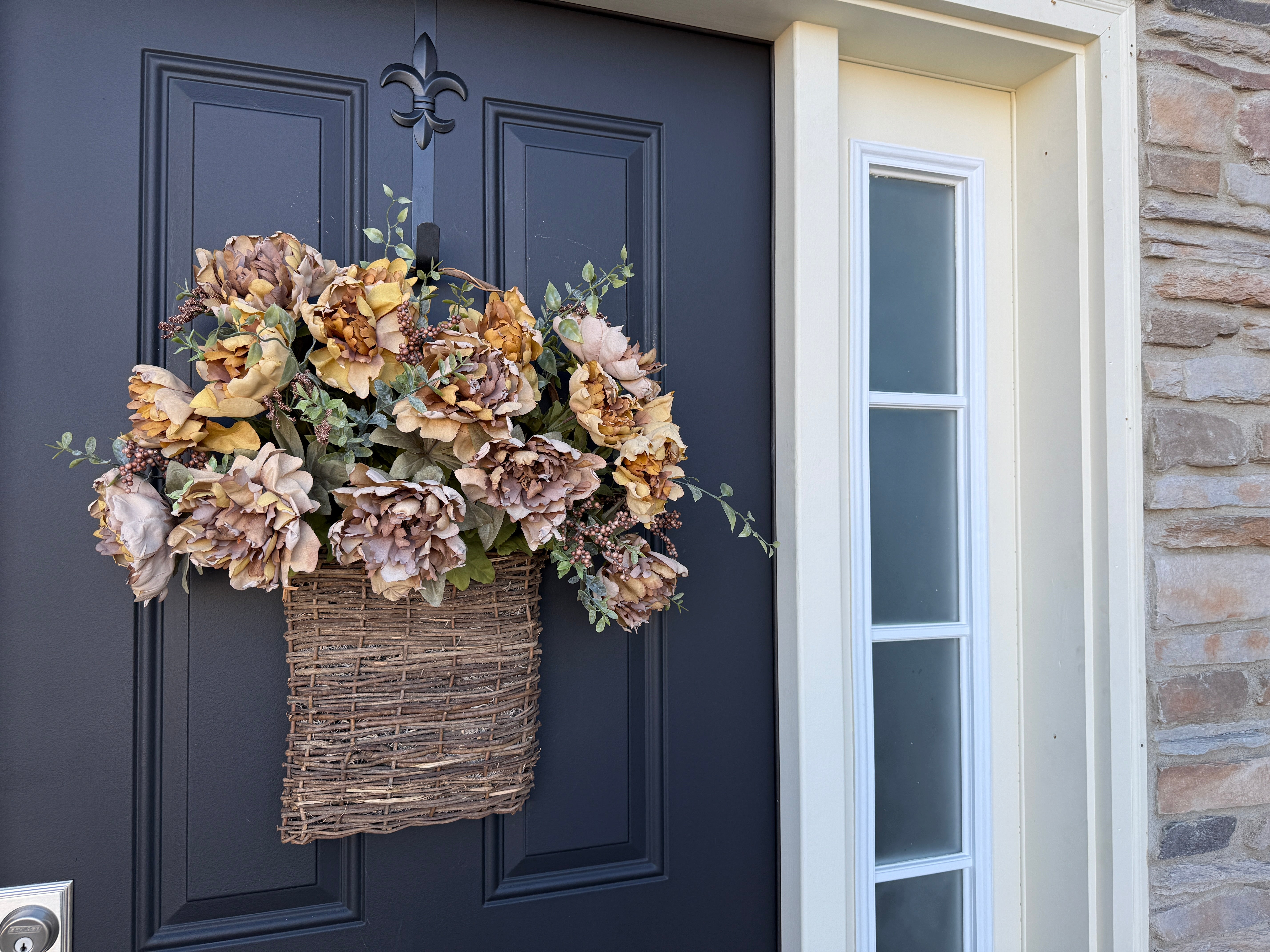 Fall Floral Basket with Beige Blooms and Eucalyptus |