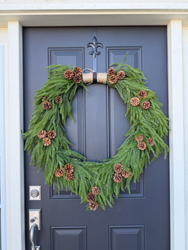 Heart-Shaped Norfolk Pine Wreath with Pinecones and Twine Hanger - TwoInspireYou
