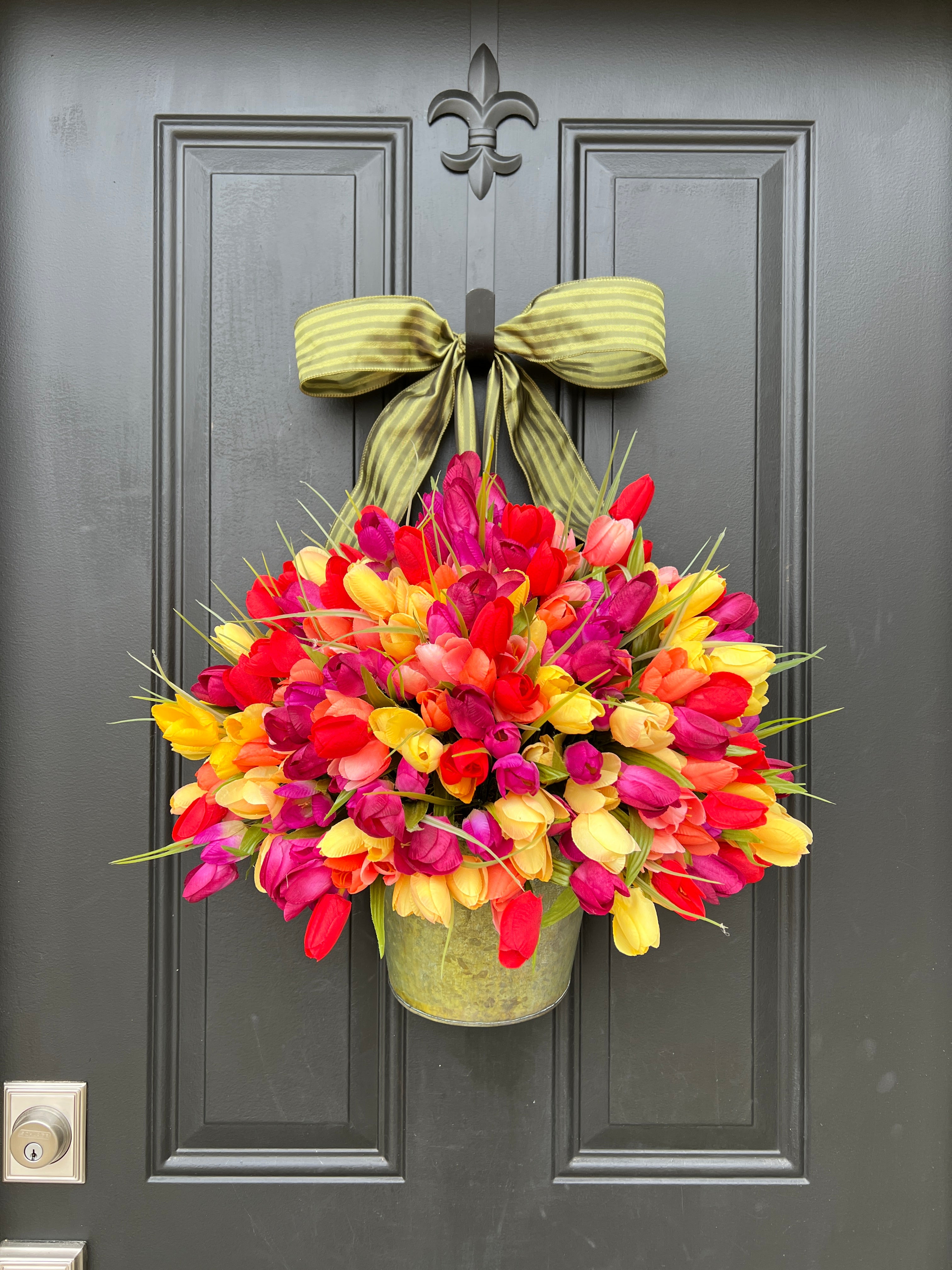 Vibrant Spring Tulips in Galvanized Bucket - Front Door Decor with Tulips