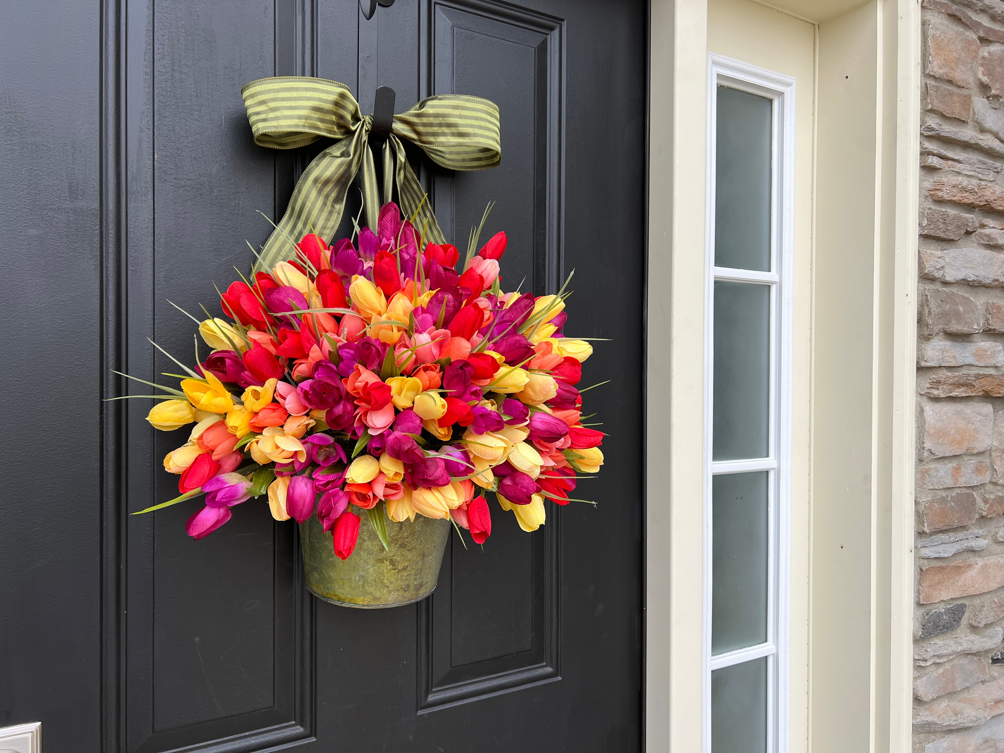 Vibrant Spring Tulips in Galvanized Bucket - Front Door Decor with Tulips