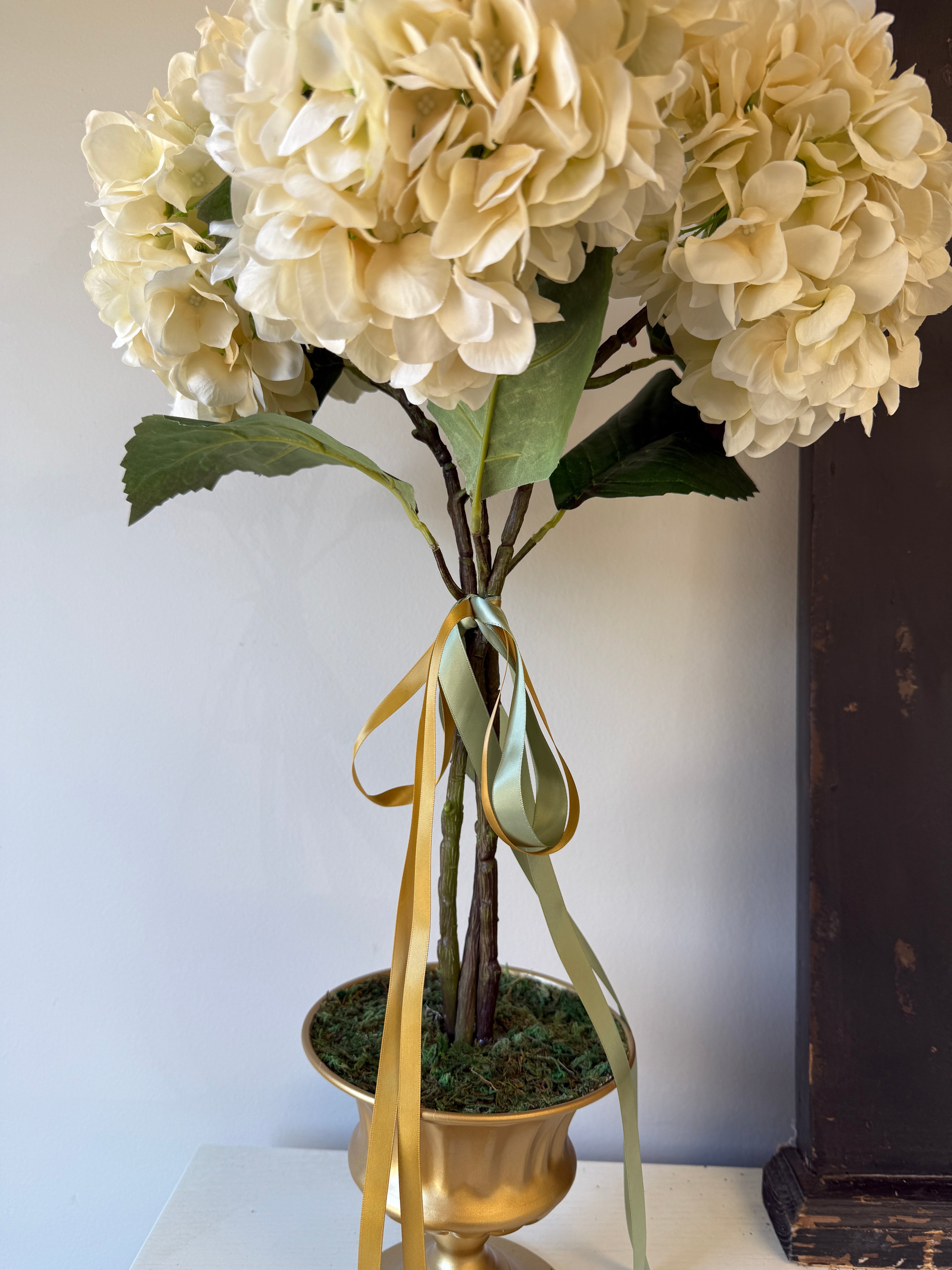Cream Hydrangea Topiary in Gold Urn – Elegant Home Décor |