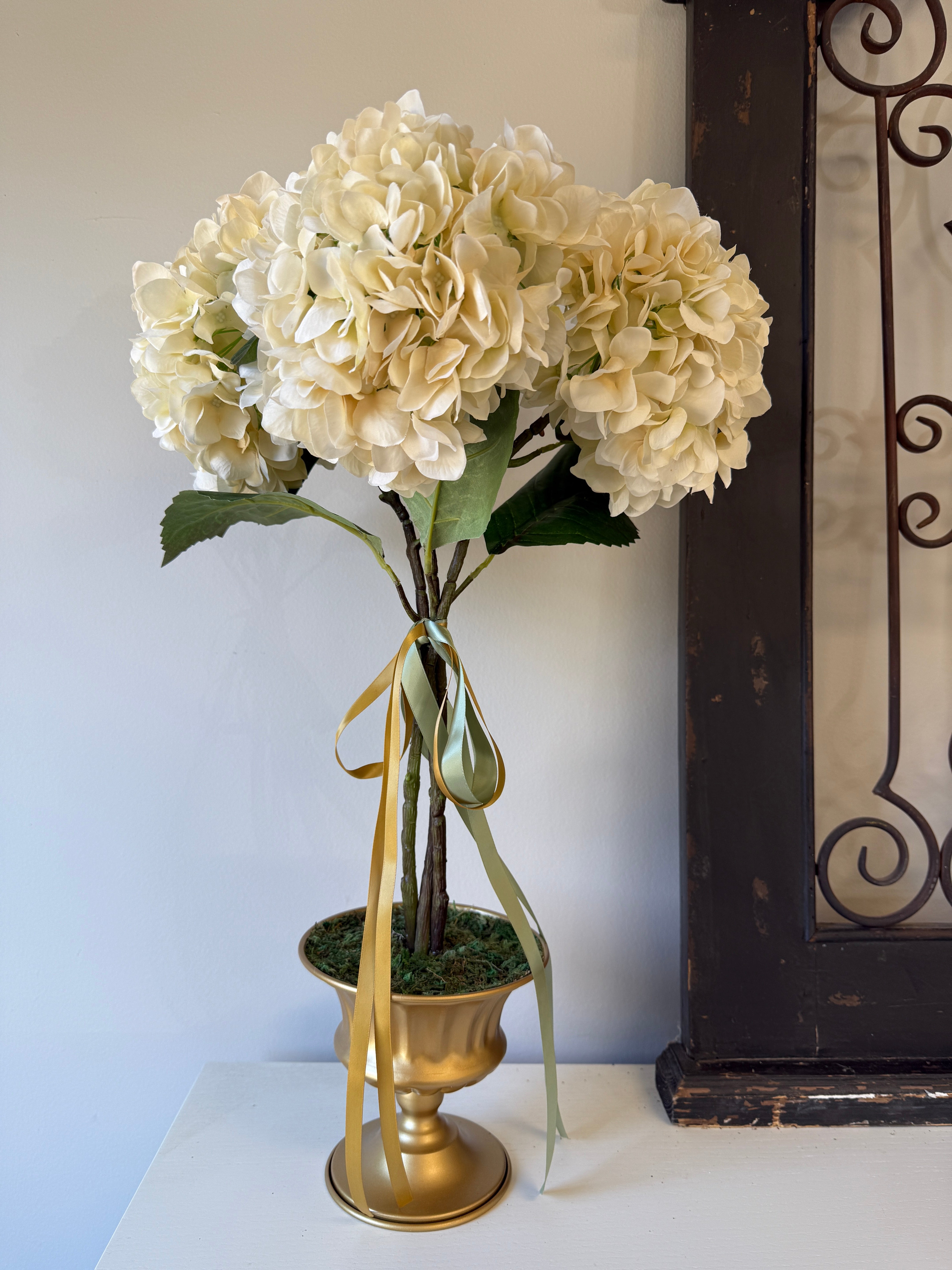 Cream Hydrangea Topiary in Gold Urn – Elegant Home Décor |