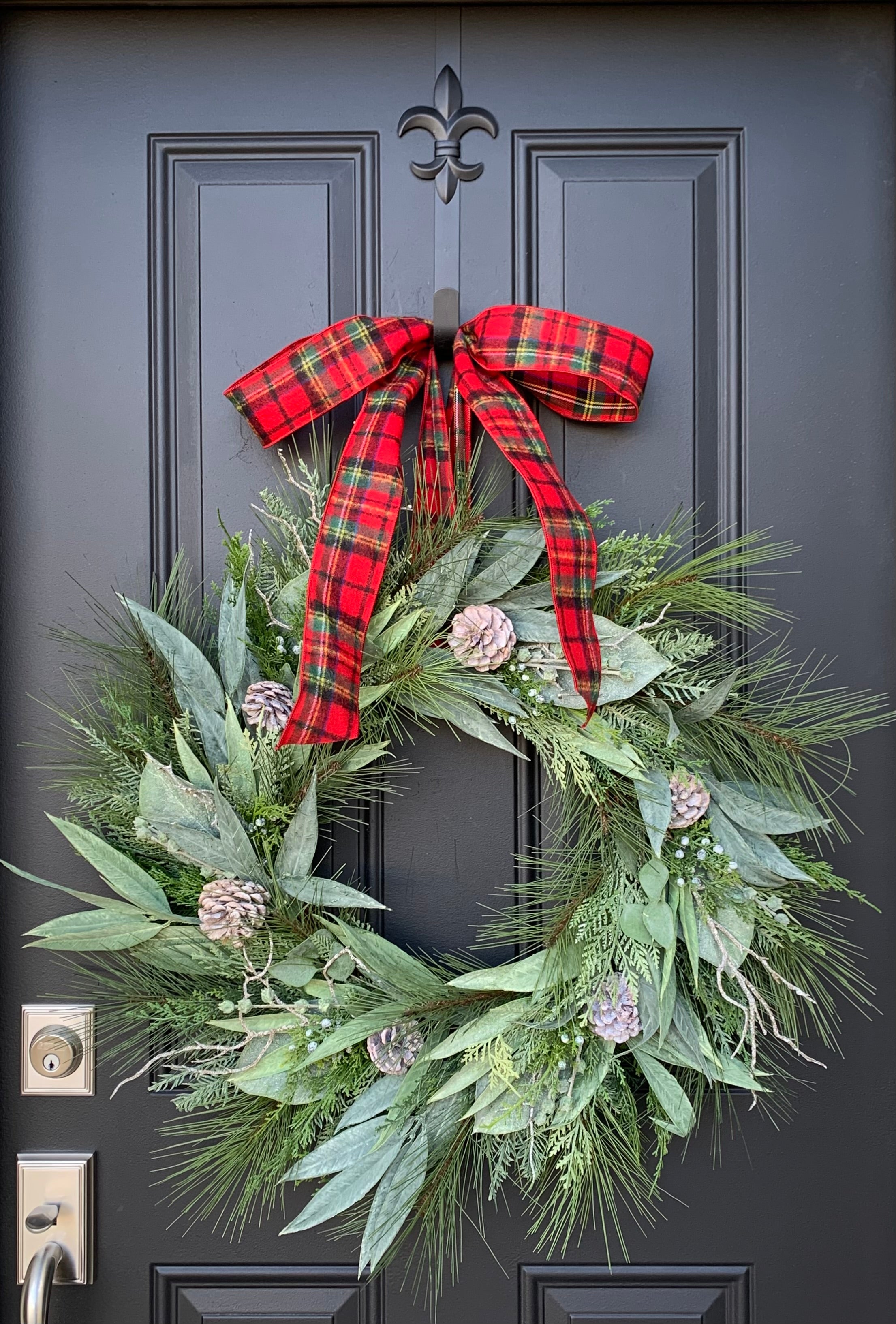 Plaid Bow Winter Eucalyptus Wreath with Frosted Pinecones