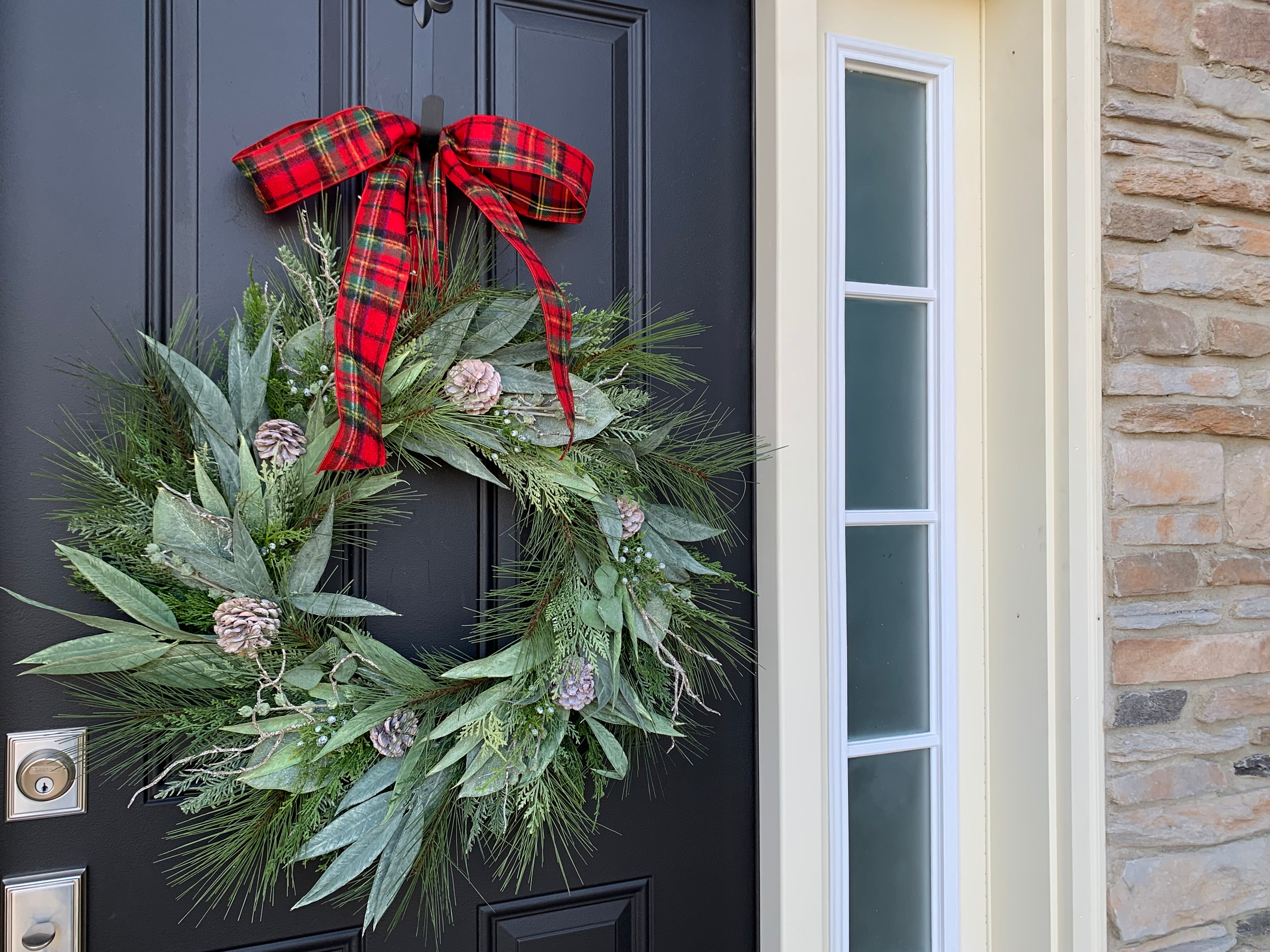 Plaid Bow Winter Eucalyptus Wreath with Frosted Pinecones