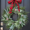 Plaid Bow Winter Eucalyptus Wreath with Frosted Pinecones | - TwoInspireYou