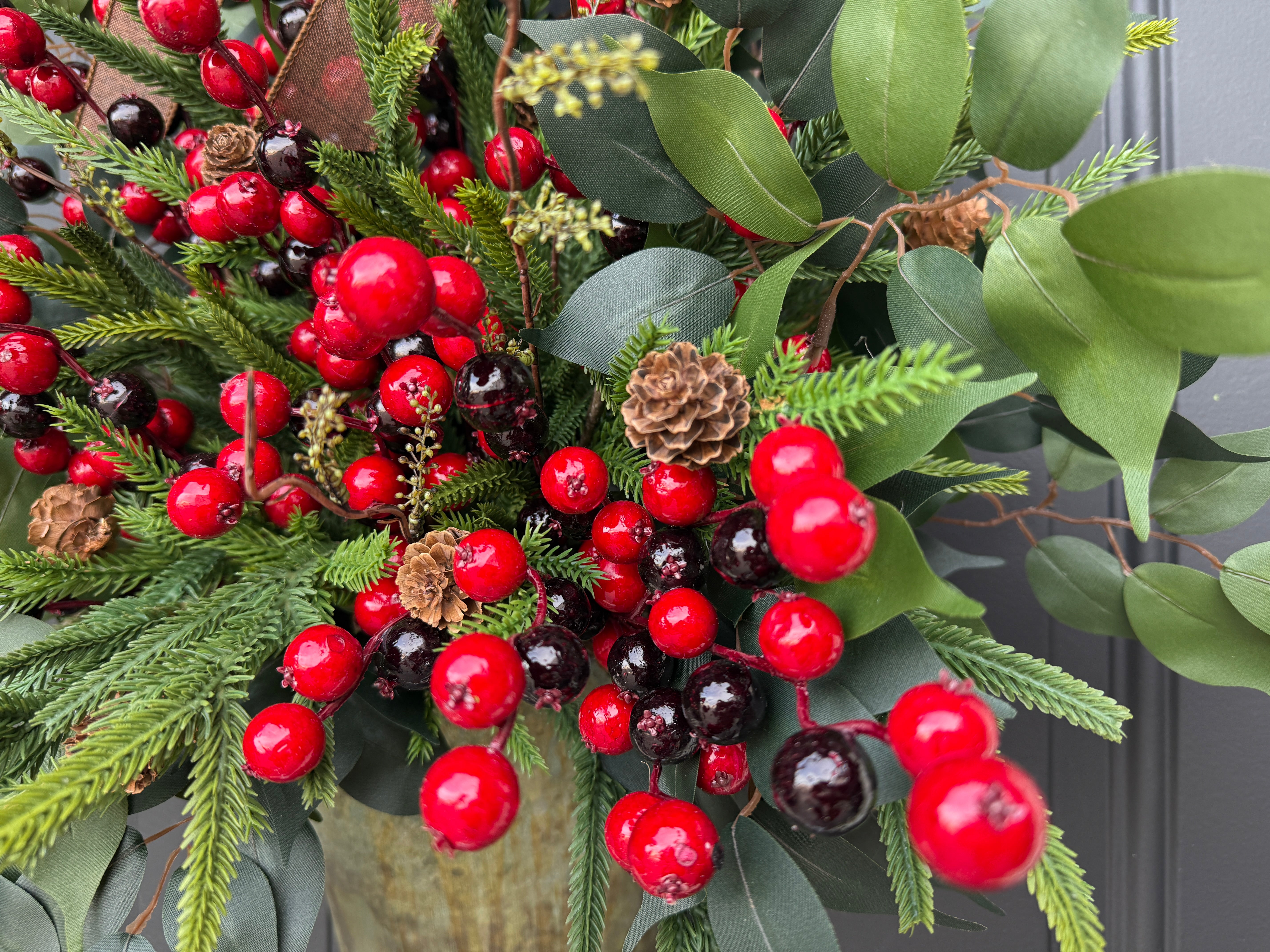Christmas Red Berry & Eucalyptus Bucket Wreath – Vintage Christmas Door Decor
