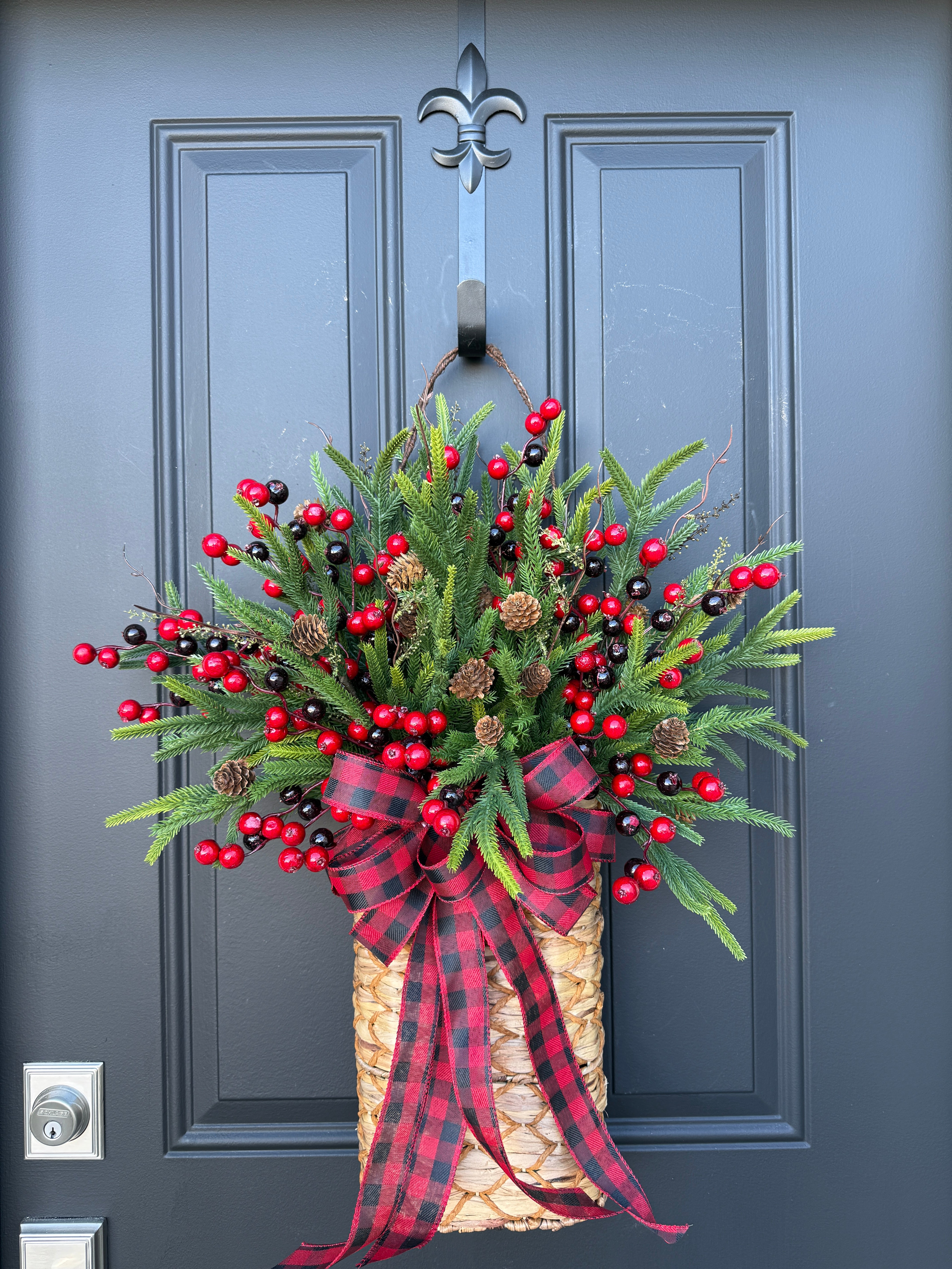 Holiday Pine and Red Berry Basket with Buffalo Plaid Bow |