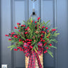 Holiday Pine and Red Berry Basket with Buffalo Plaid Bow - TwoInspireYou