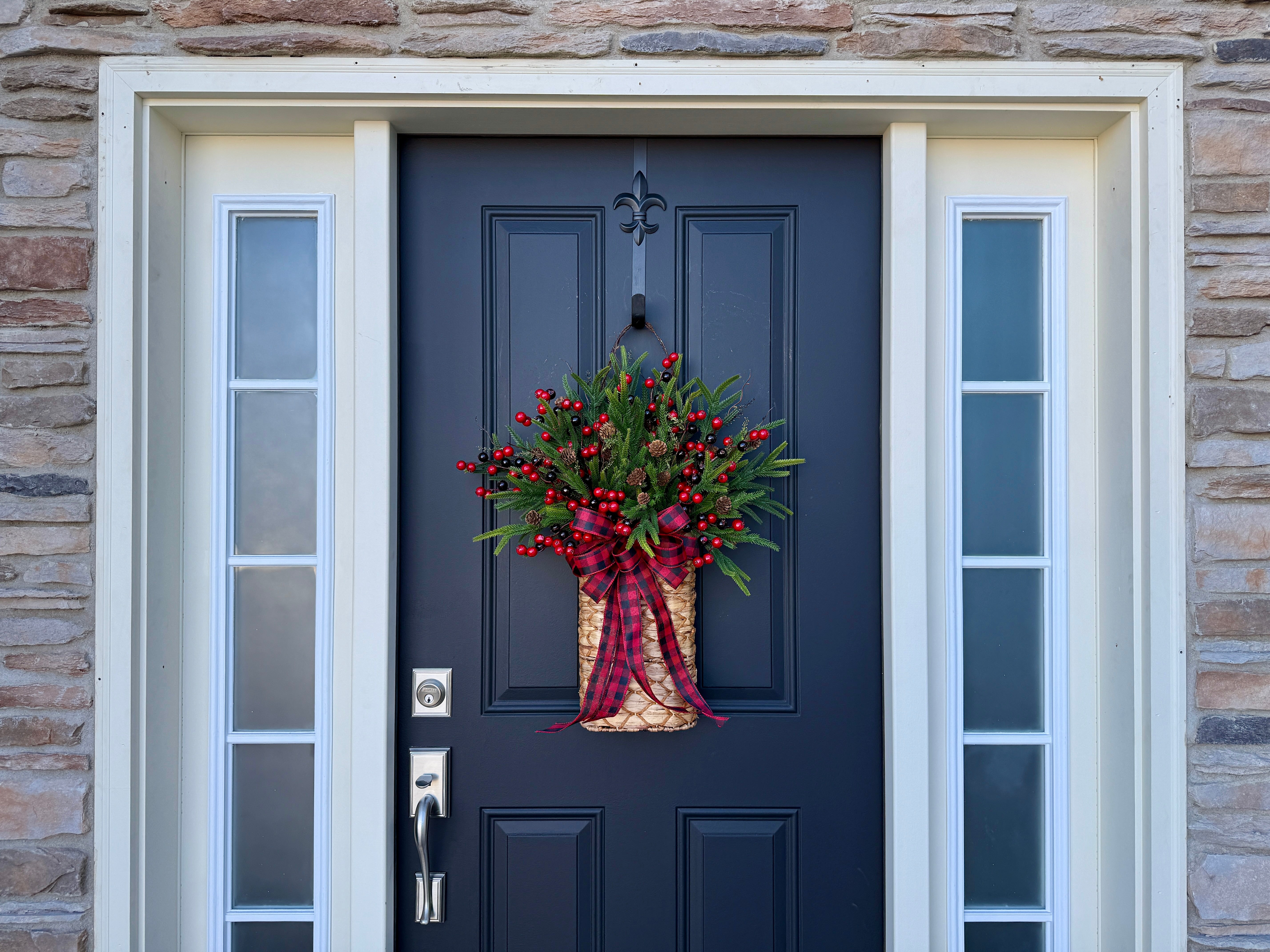 Holiday Pine and Red Berry Basket with Buffalo Plaid Bow |