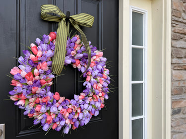 Mother's Day Purple and Peach Tulip Wreath, 24" Front Door Spring Tulip Wreath - TwoInspireYou