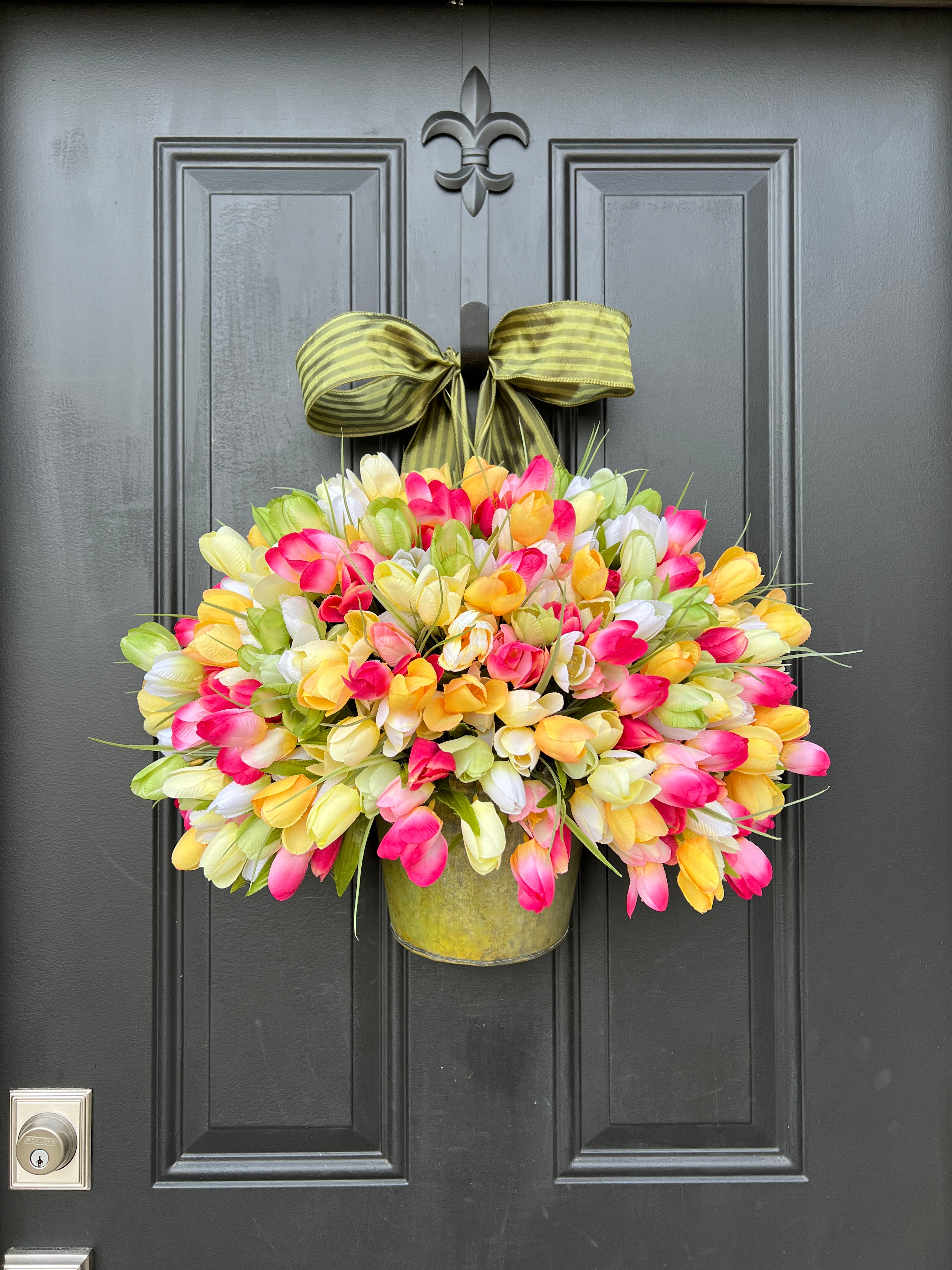 Bucket of Spring Tulips for Door - Seasonal Pink & Yellow Tulips