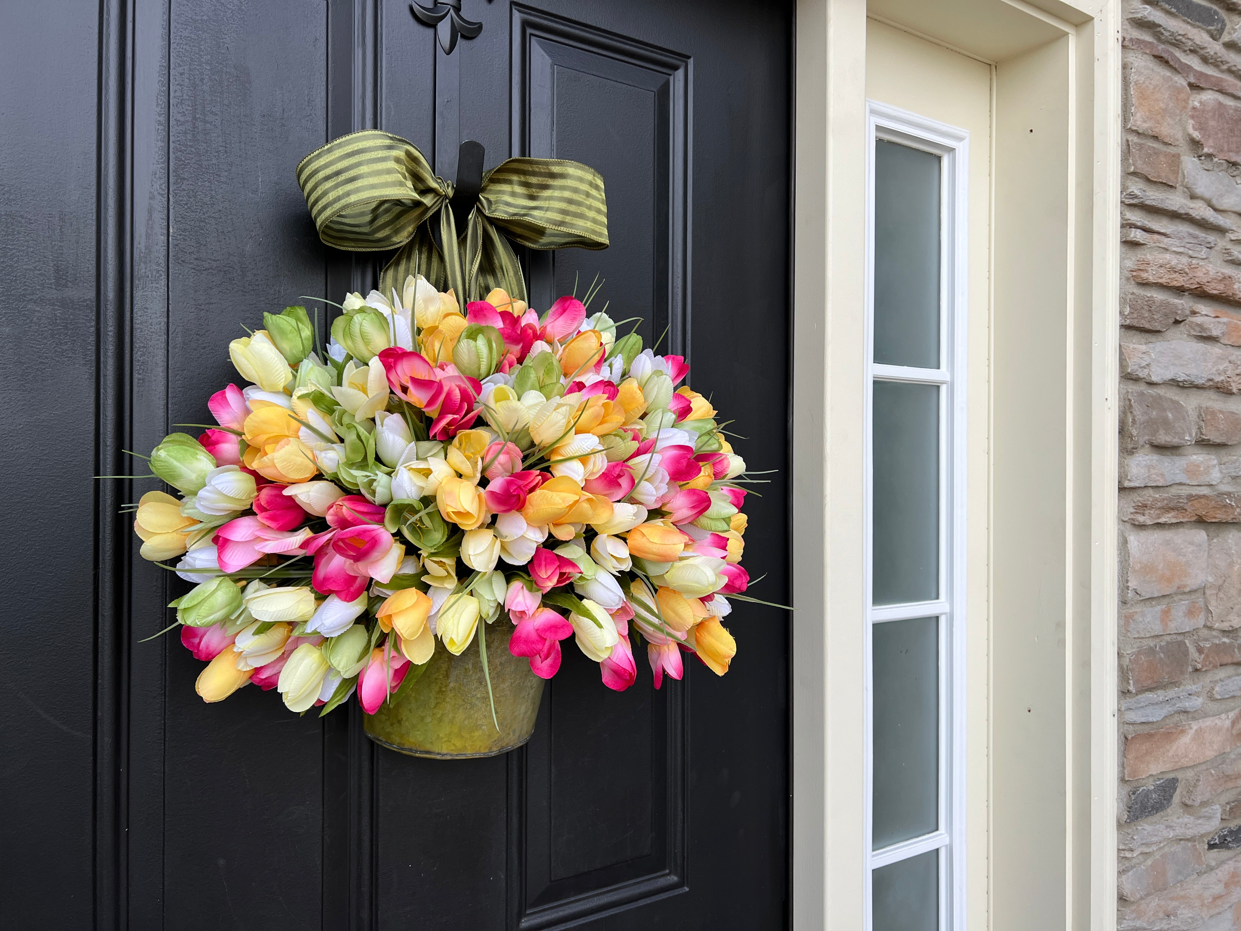 Bucket of Spring Tulips for Door - Seasonal Pink & Yellow Tulips