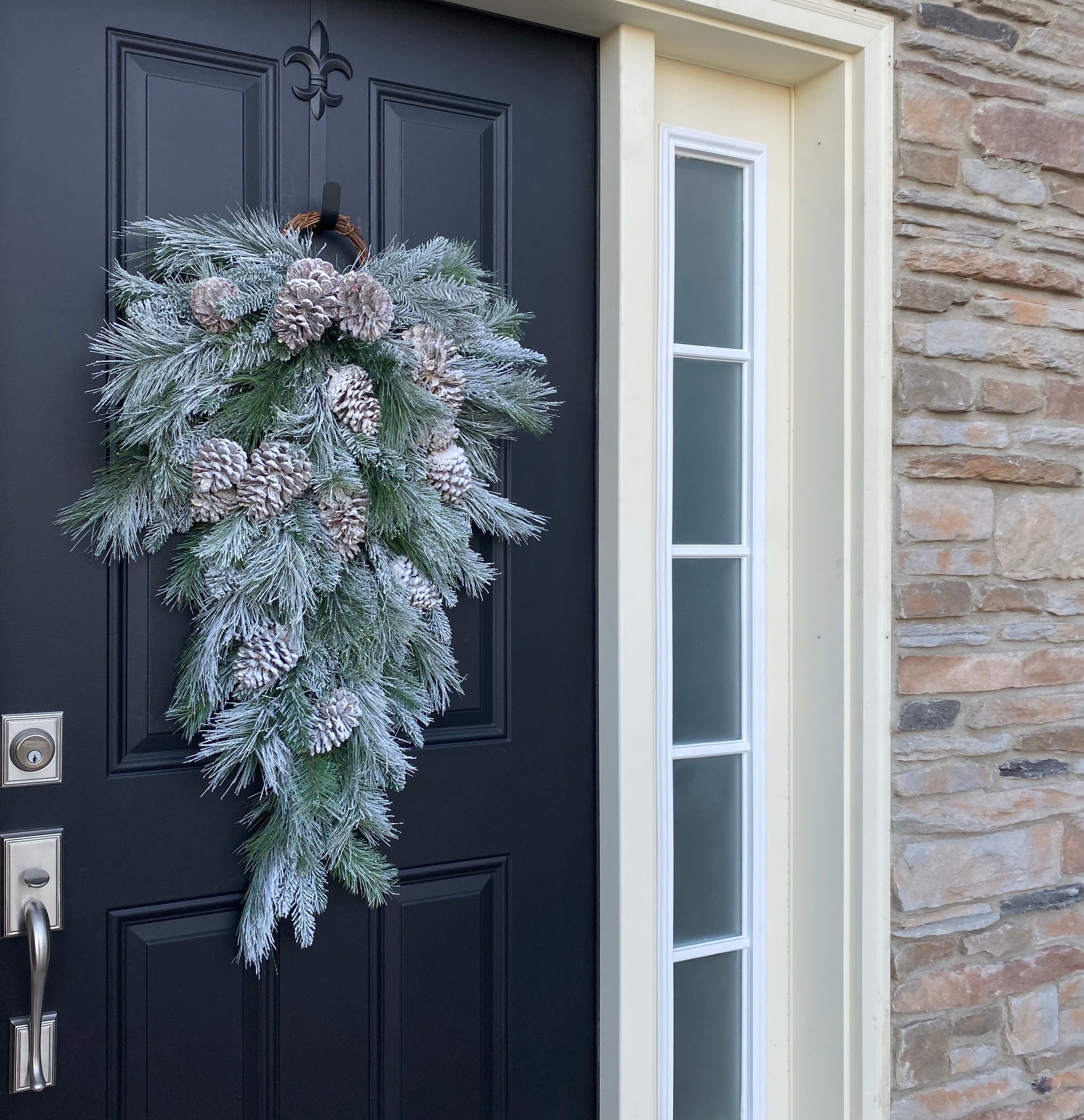 Let It Snow Flocked Pine and Pinecone Teardrop Swag for Winter