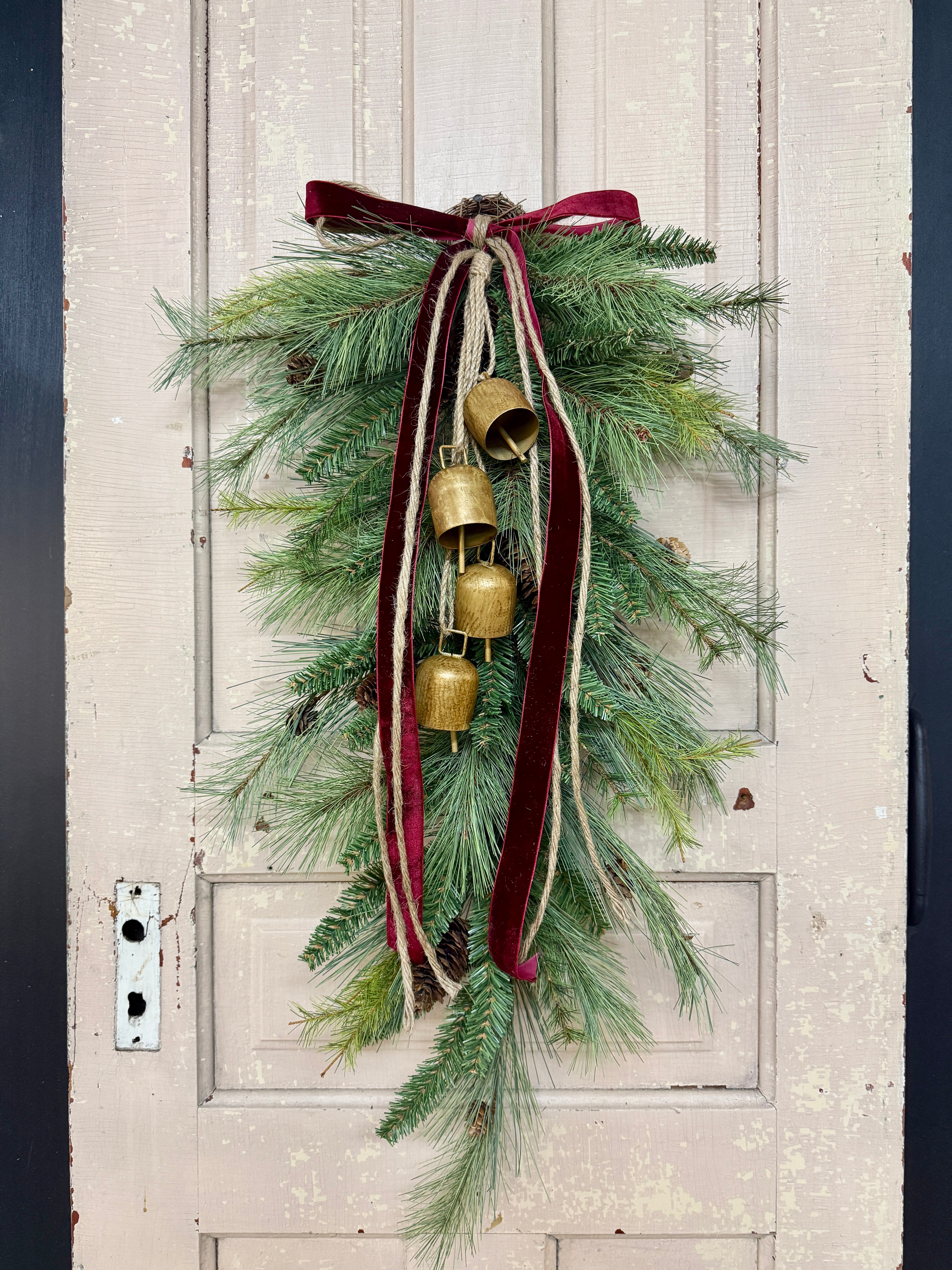 Vintage Christmas Door Swag with Hanging Bells & Velvet Ribbon – Storm Door Friendly