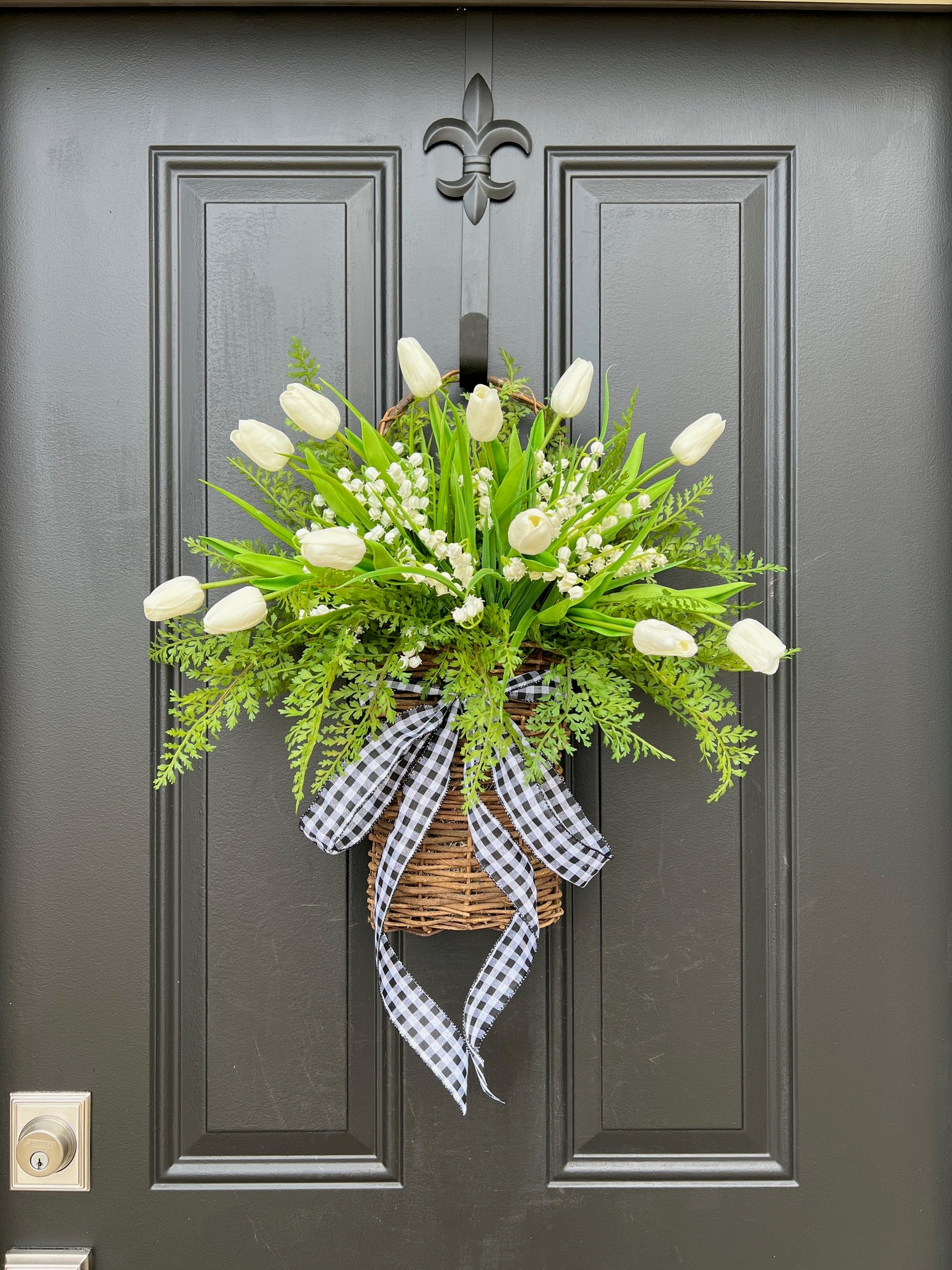 White Real Touch Tulip & Fern Bouquet in Basket