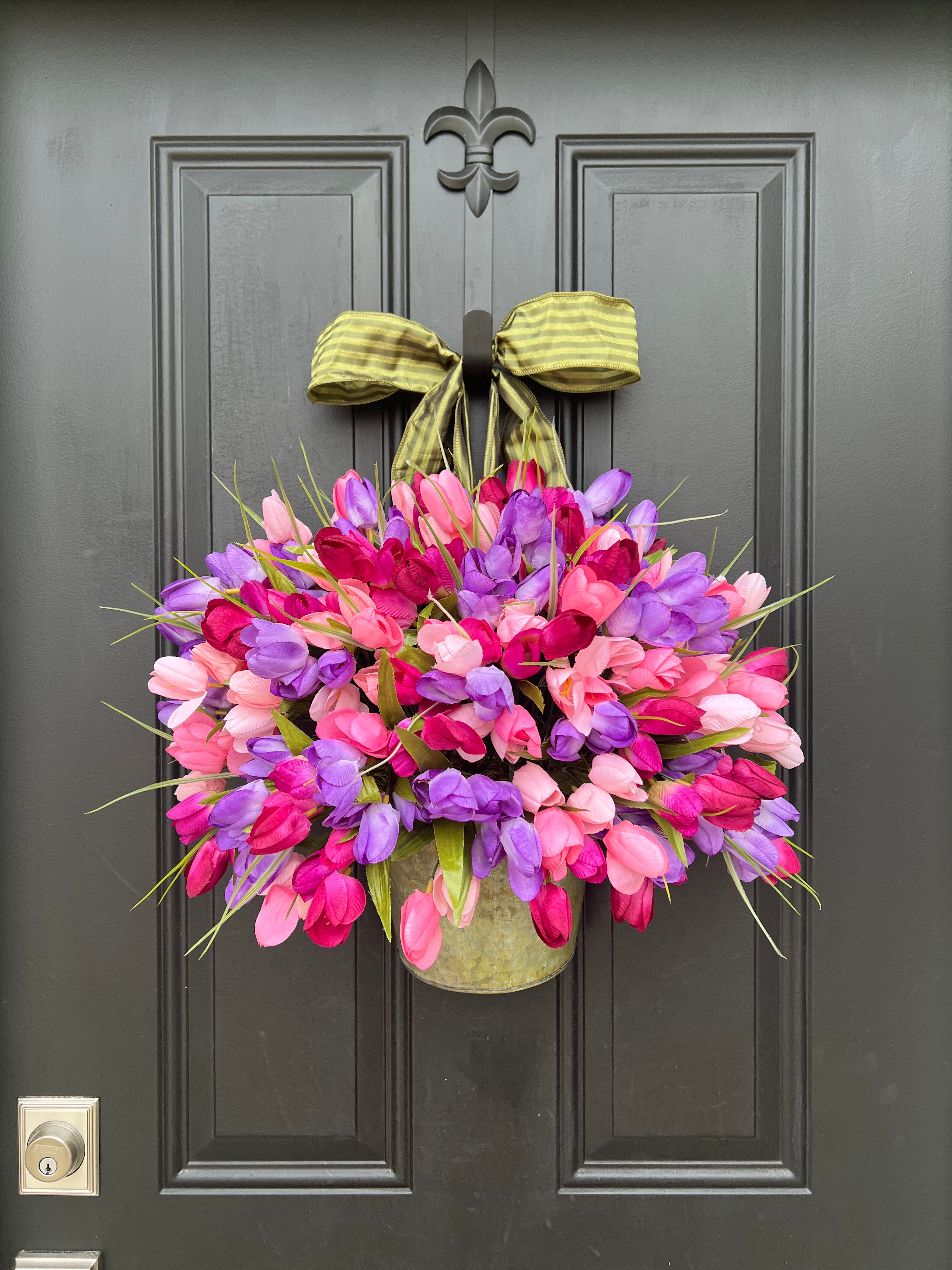 Pink and Purple Tulip Bucket Wreath for Spring, Front Door Galvanized Container with Tulips