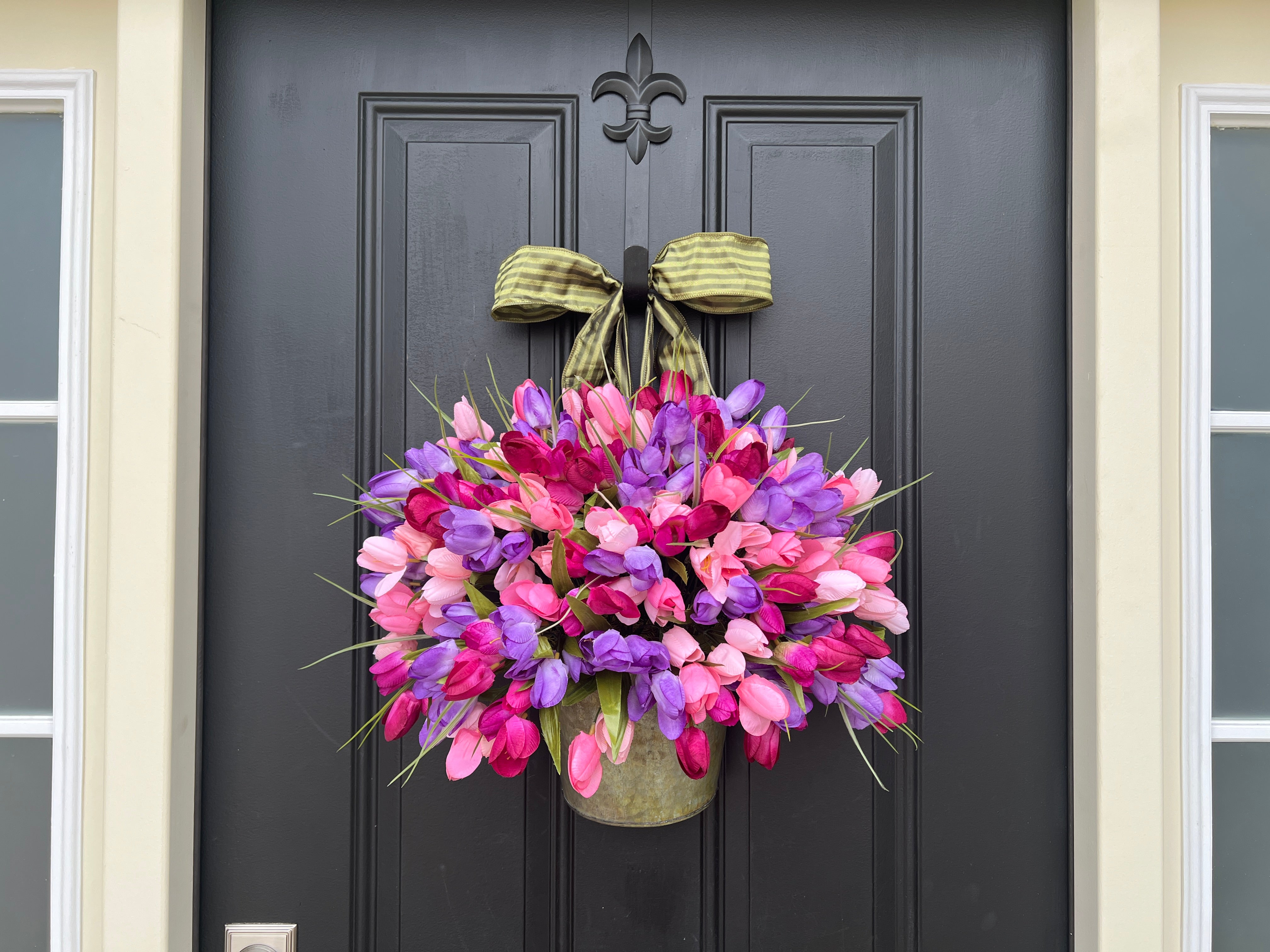 Pink and Purple Tulip Bucket Wreath for Spring, Front Door Galvanized Container with Tulips