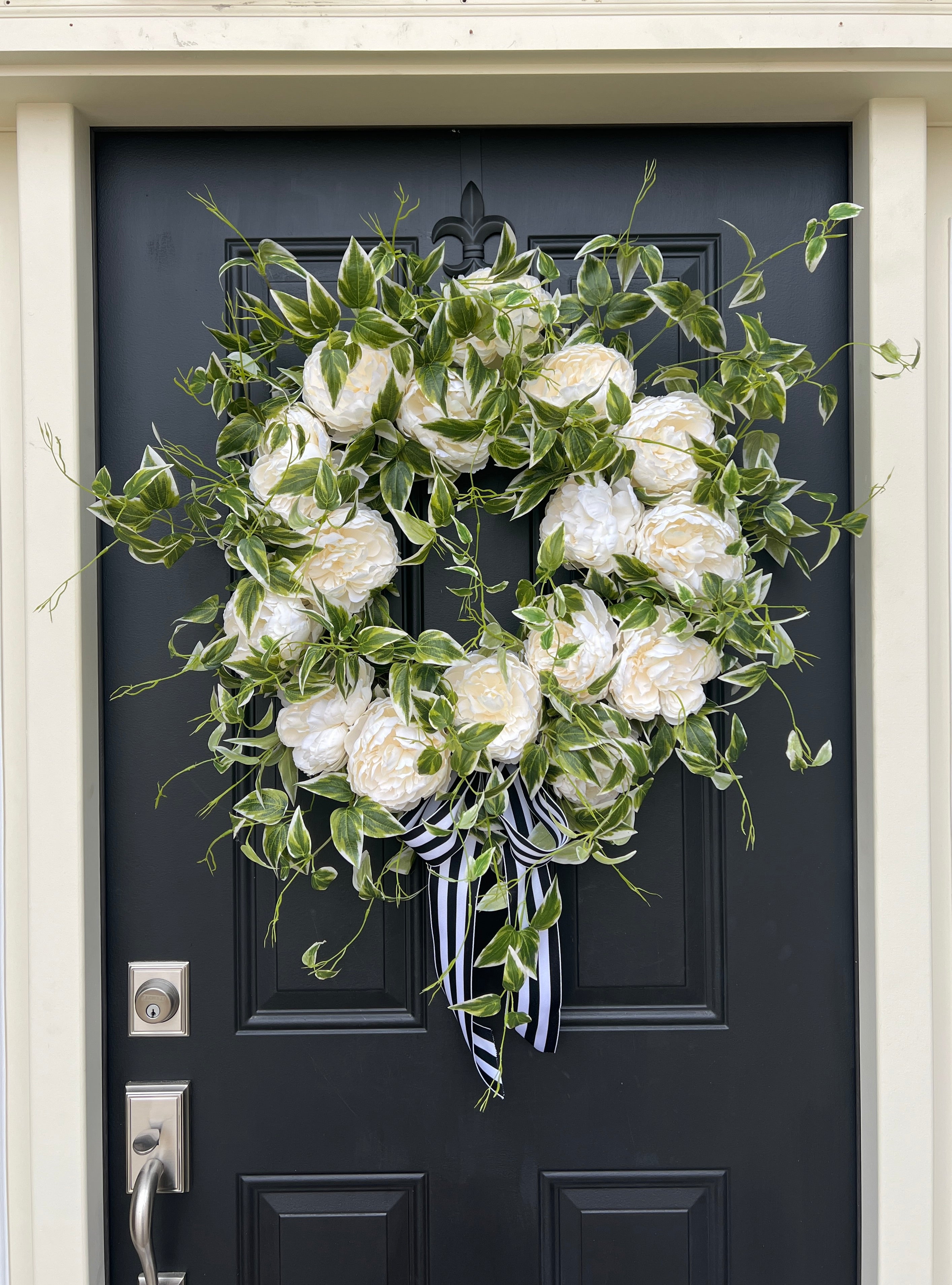 Spring Peony Wreath - White Peony Blooms & Hanging Variegated Ivy