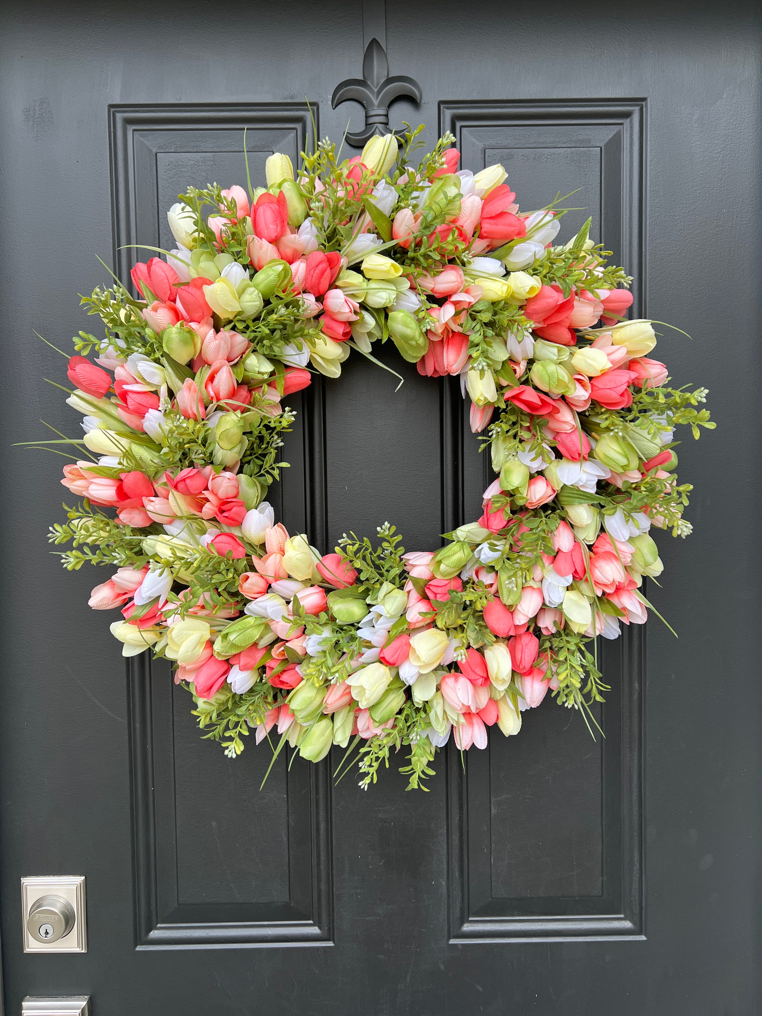 Spring Tulip Wreath with Coral & Celery Tulips, Boxwood – Easter Front Door Decor