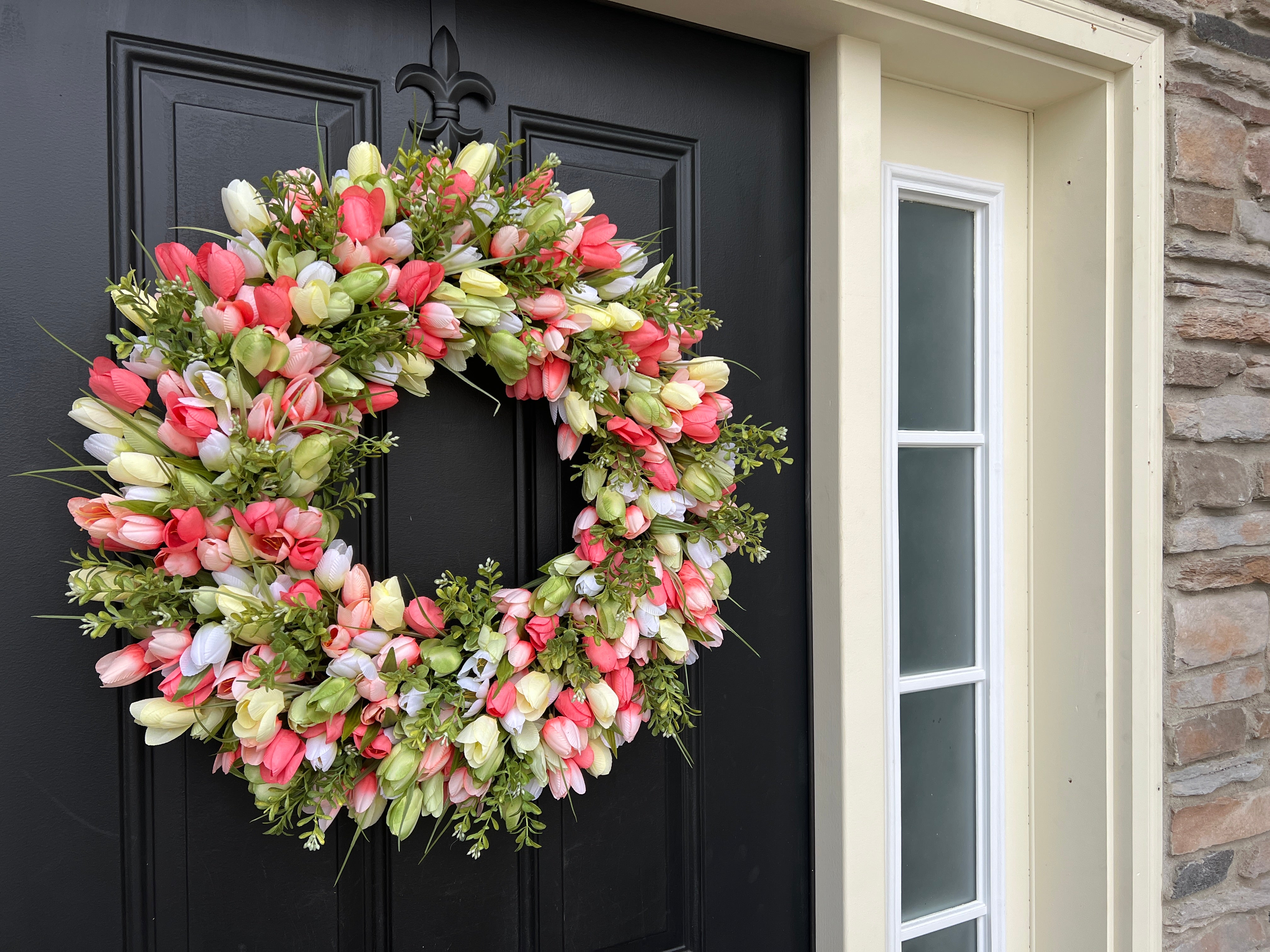 Spring Tulip Wreath with Coral & Celery Tulips, Boxwood – Easter Front Door Decor