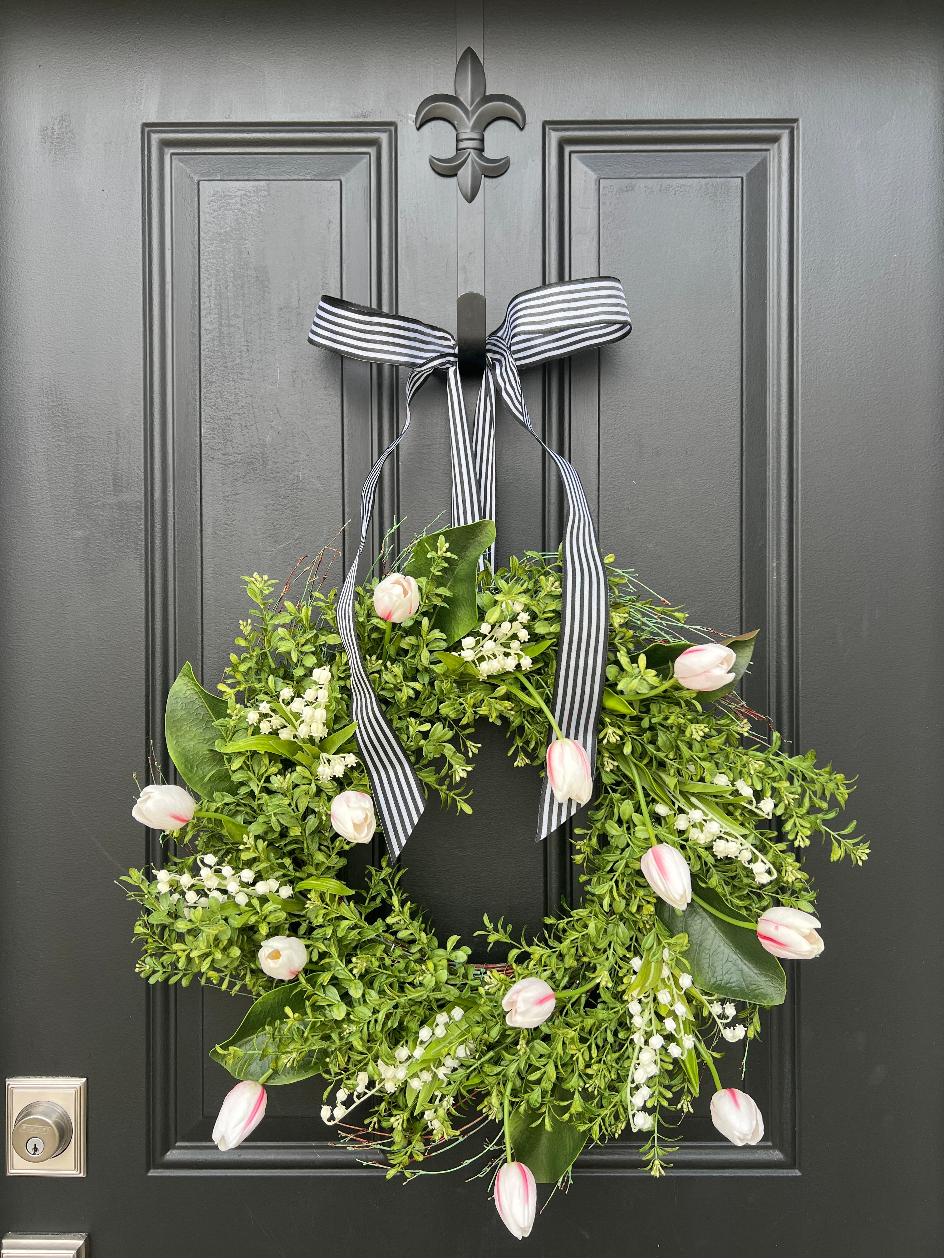 Spring Boxwood Wreath - Boxwood, Magnolia and Tulips Wreath