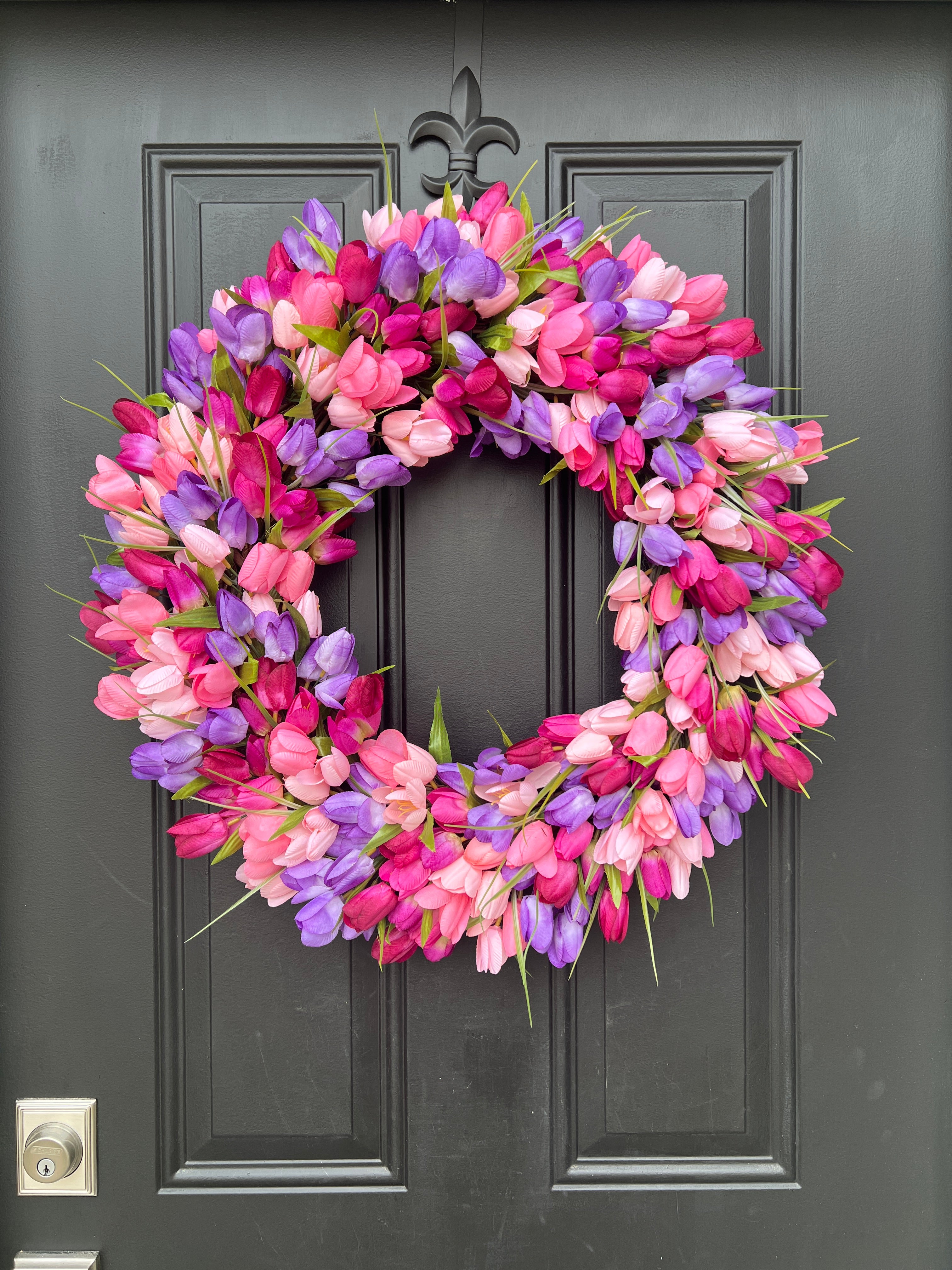 Pink and Purple Tulip Wreath for Spring, Front Door Wreath with Tulips