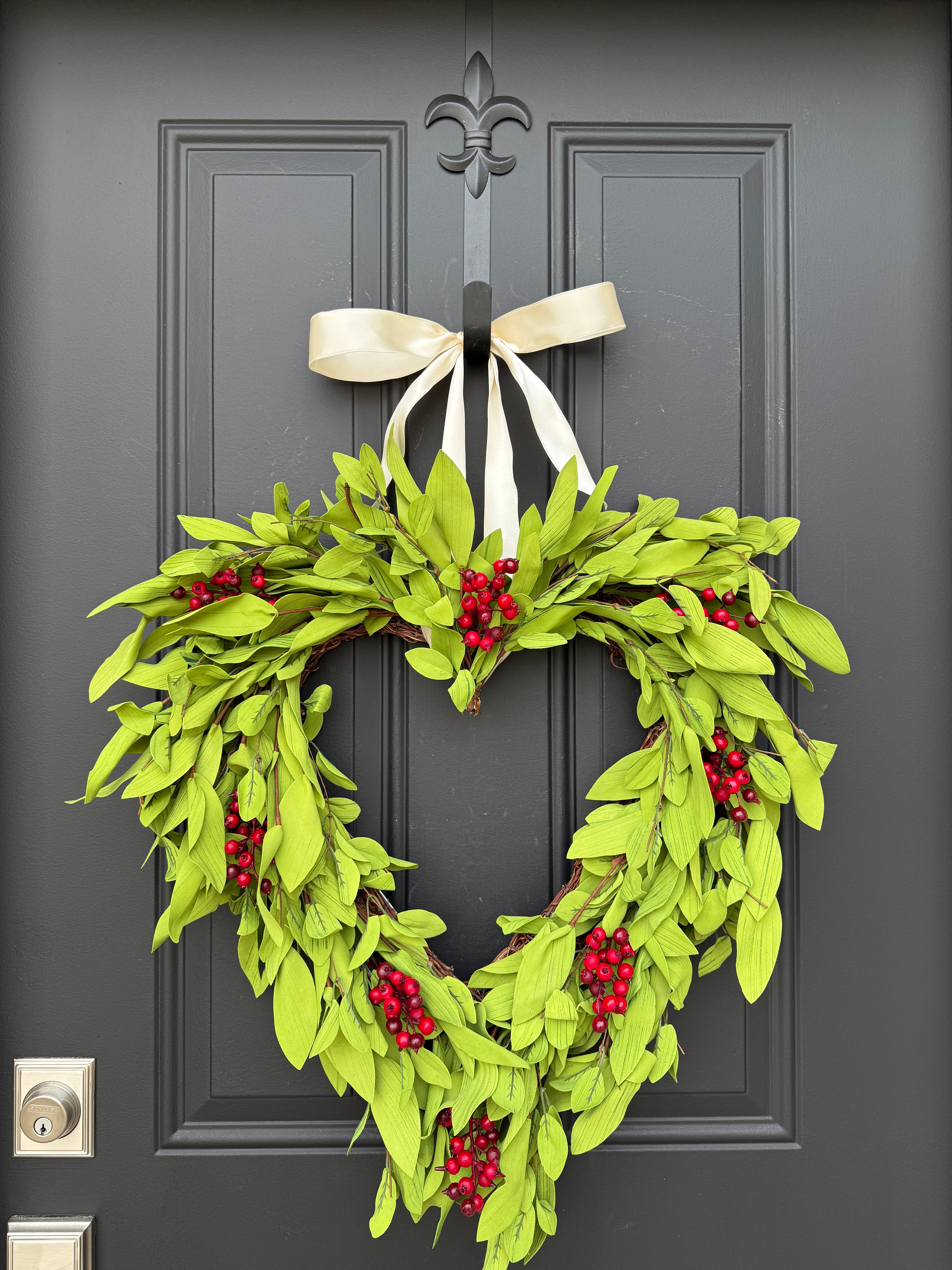 Valentine’s Day Faux Boxwood Heart Wreath with Red Berries & Ivory Bow