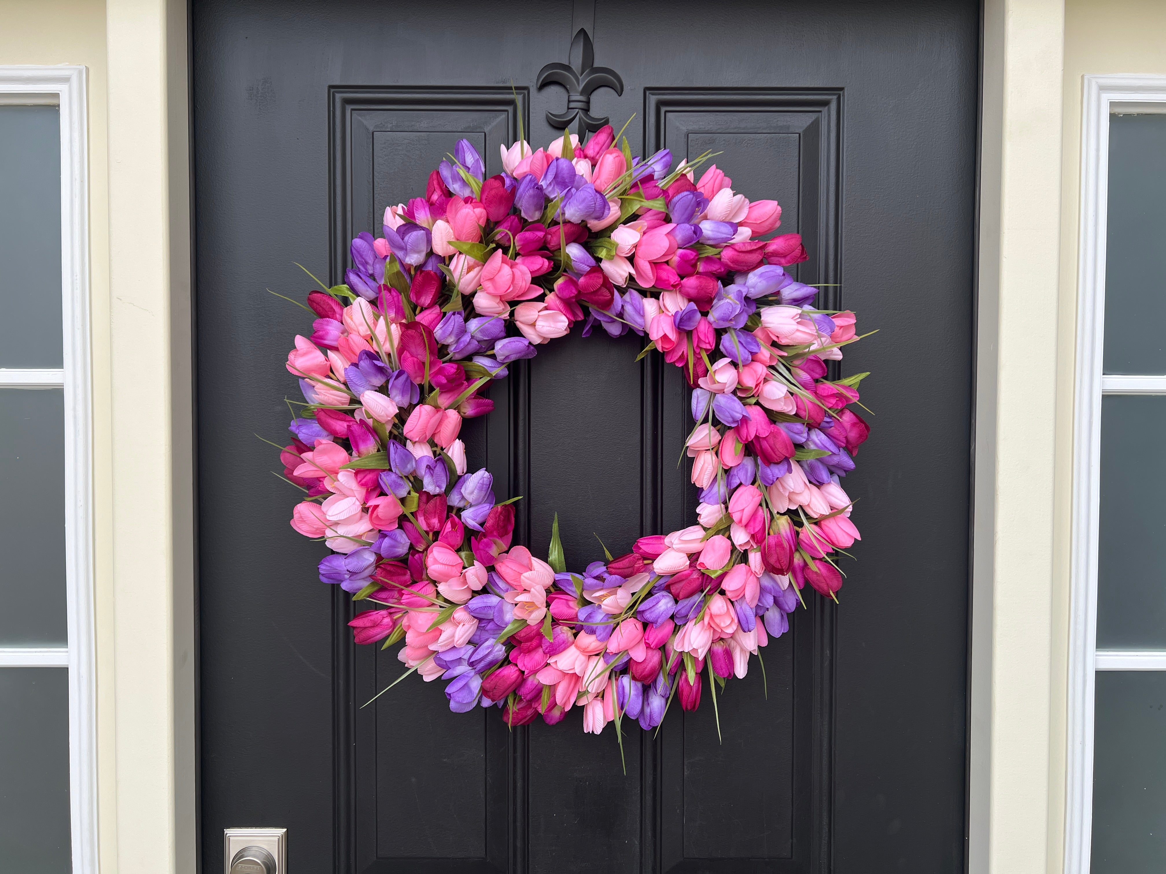 Pink and Purple Tulip Wreath for Spring, Front Door Wreath with Tulips