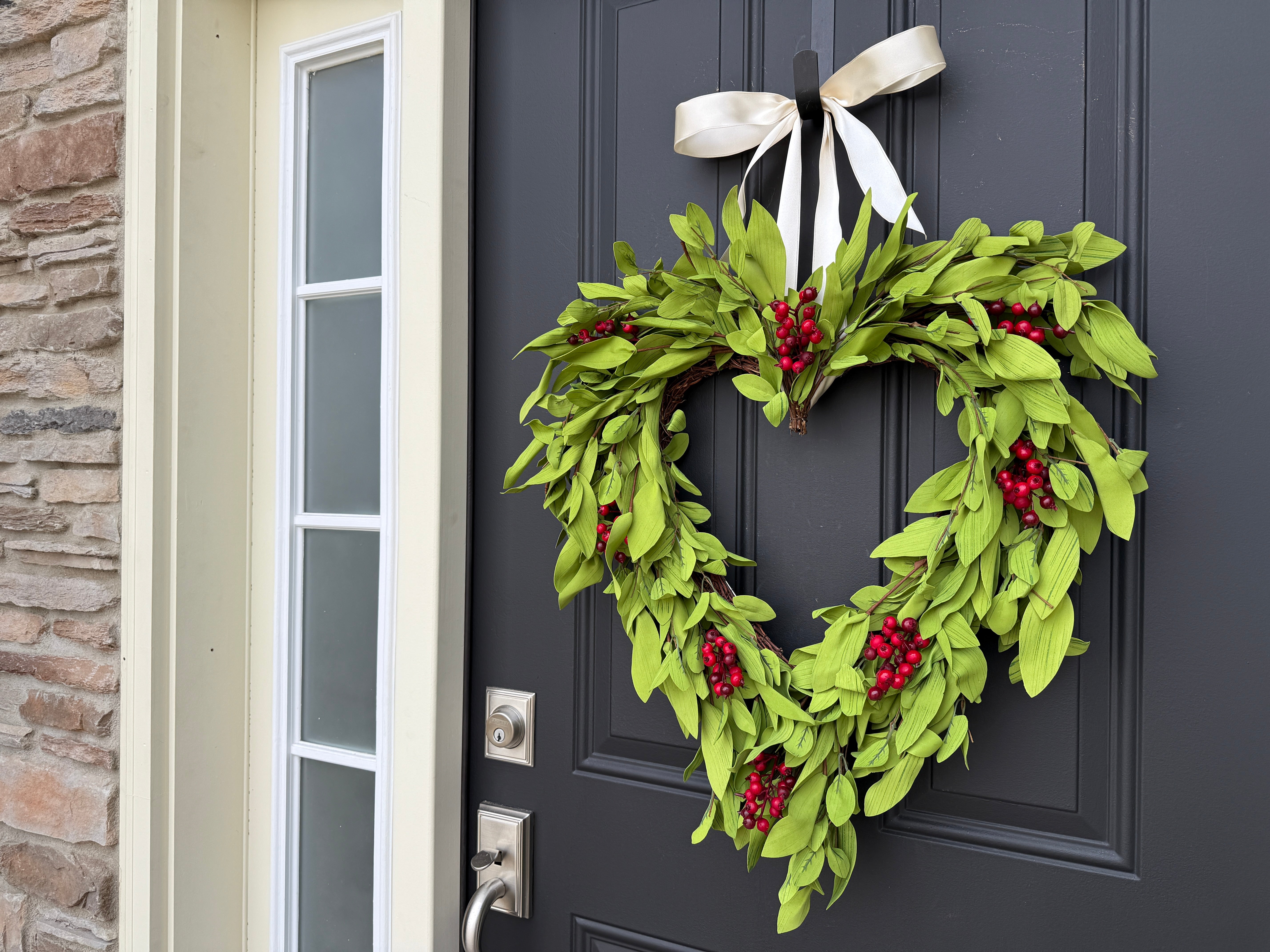 Valentine’s Day Faux Boxwood Heart Wreath with Red Berries & Ivory Bow