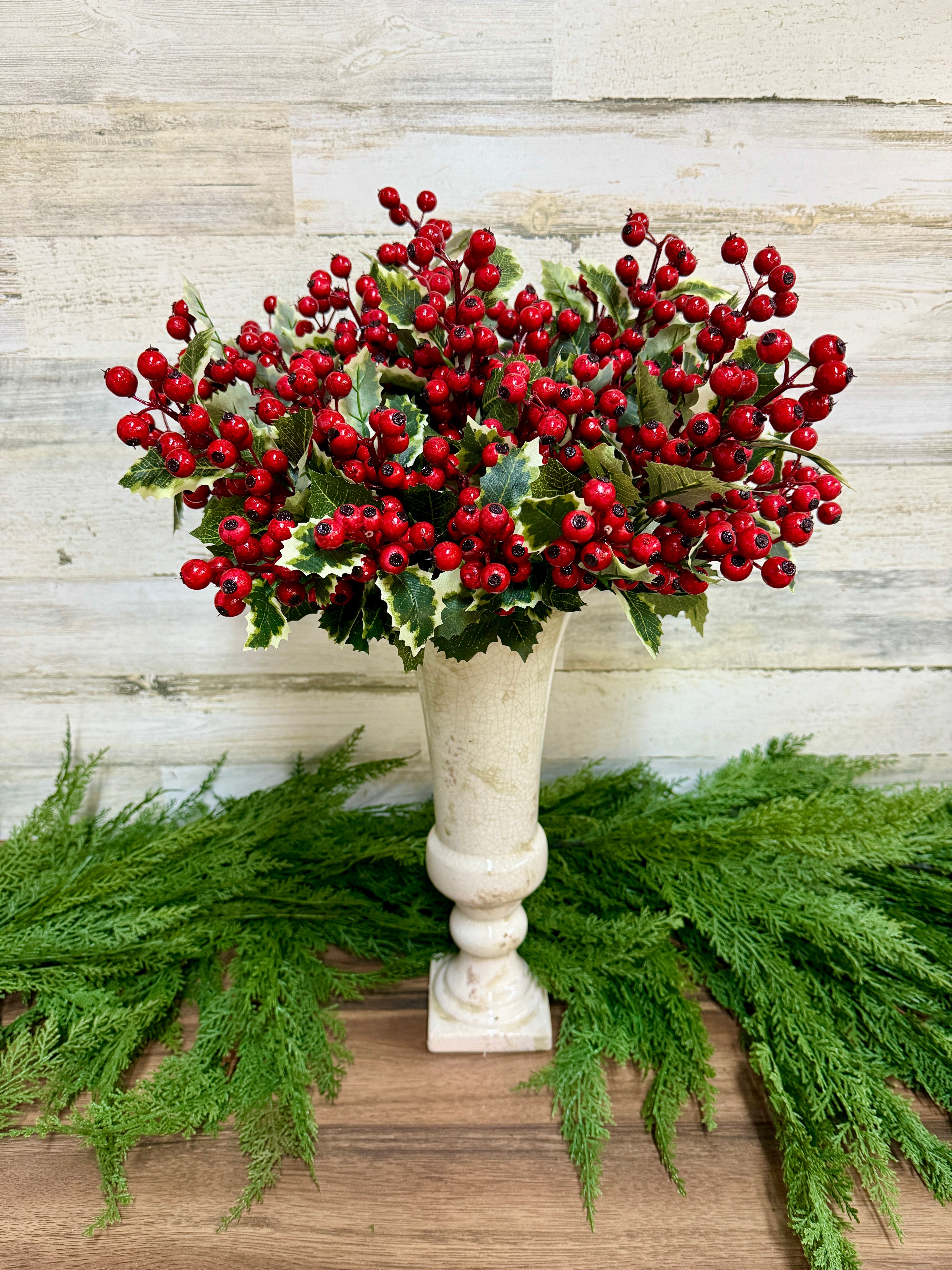 19" Holly Berry Spray with Variegated Leaves for Christmas Décor