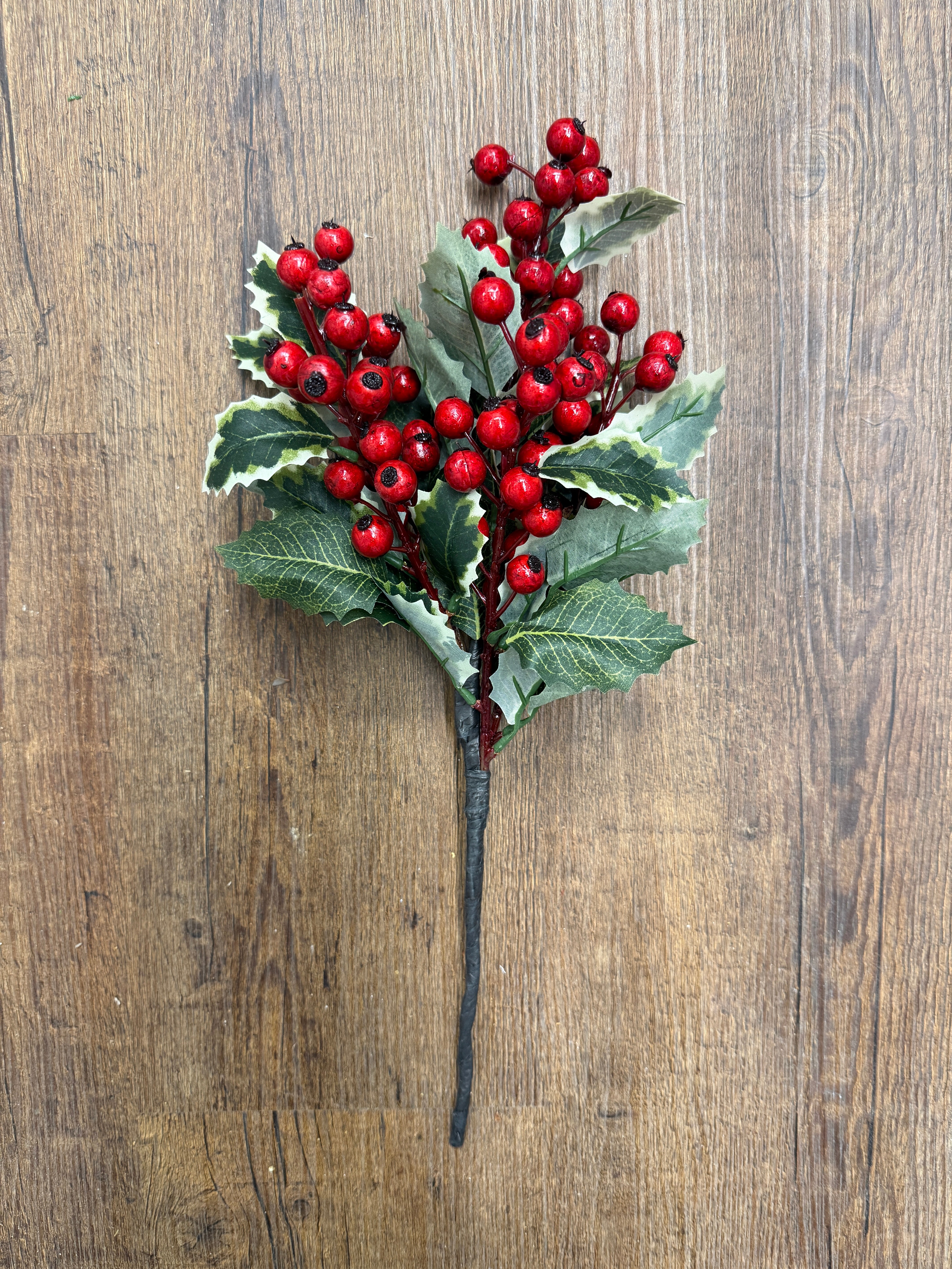 19" Holly Berry Spray with Variegated Leaves for Christmas Décor