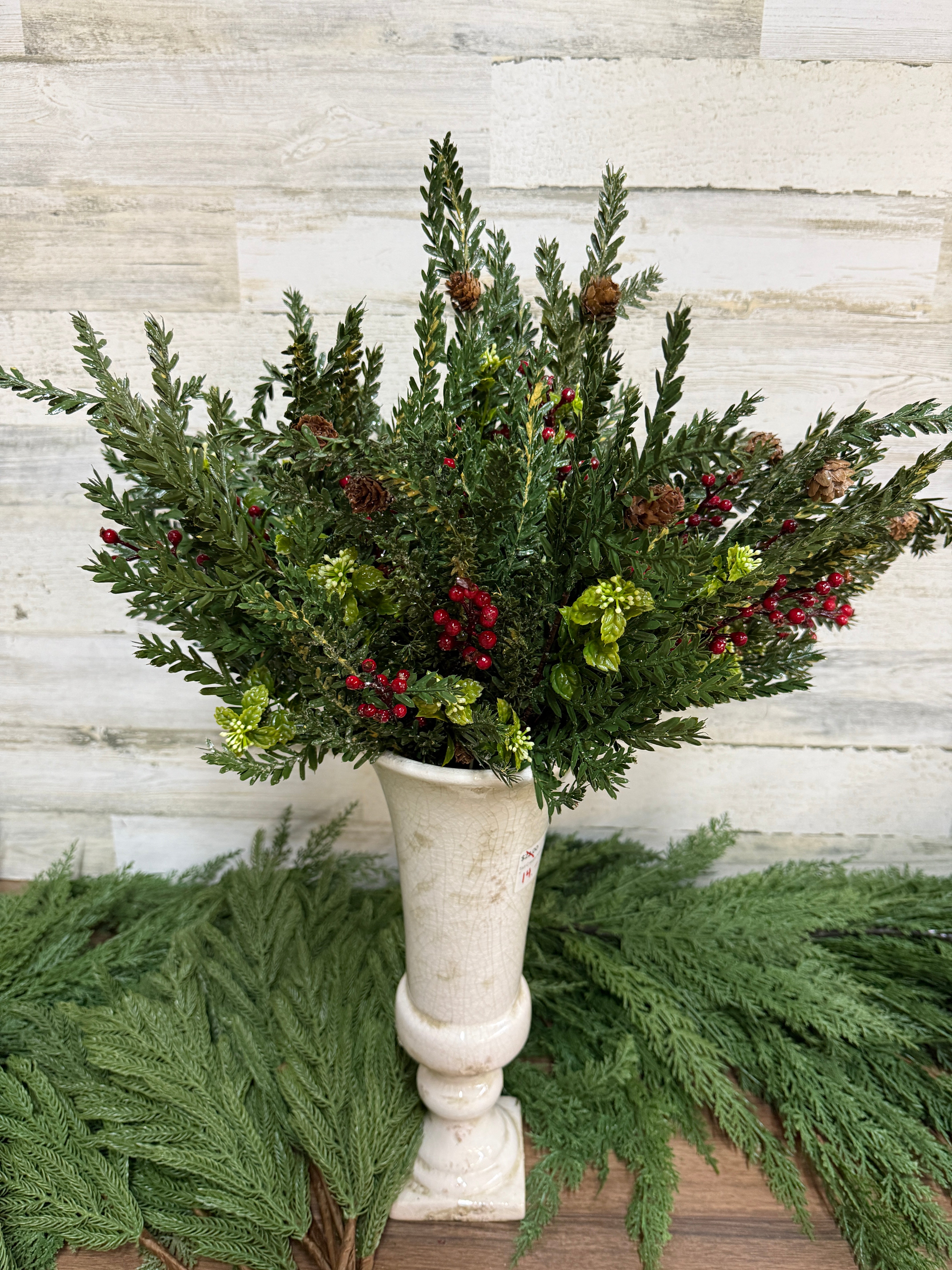 Glitter Pine Spray with Red Berries & Pinecones for Christmas Arrangements