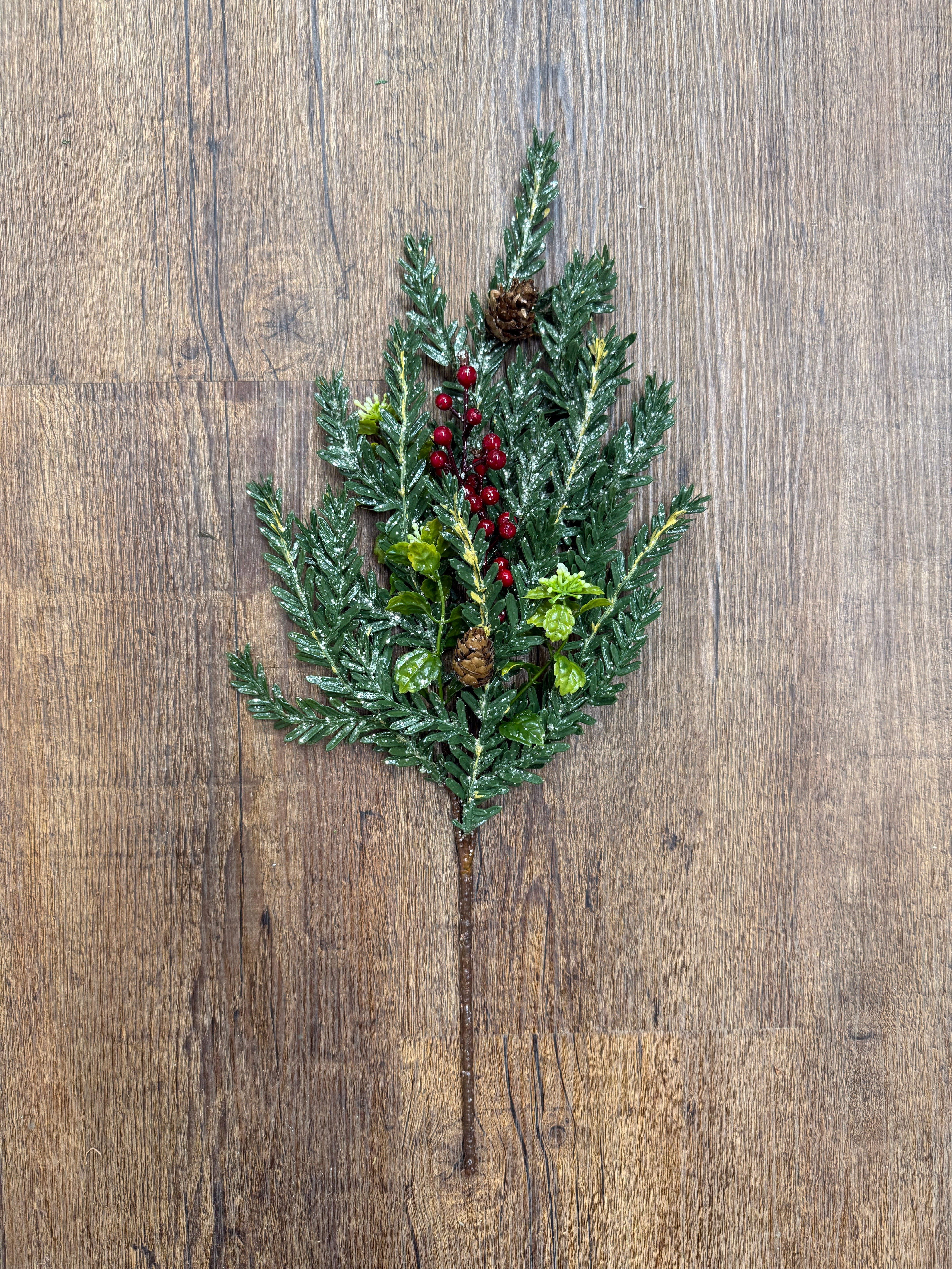 Glitter Pine Spray with Red Berries & Pinecones for Christmas Arrangements