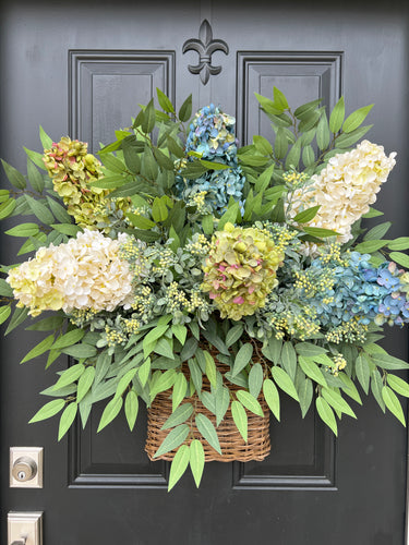 Large Blue and Green Hydrangea Garden Basket Wreath - TwoInspireYou