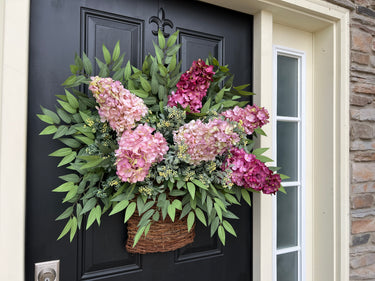 Large Hydrangea Twig Basket Wreath, Cone Hydrangeas in a Door Basket - TwoInspireYou