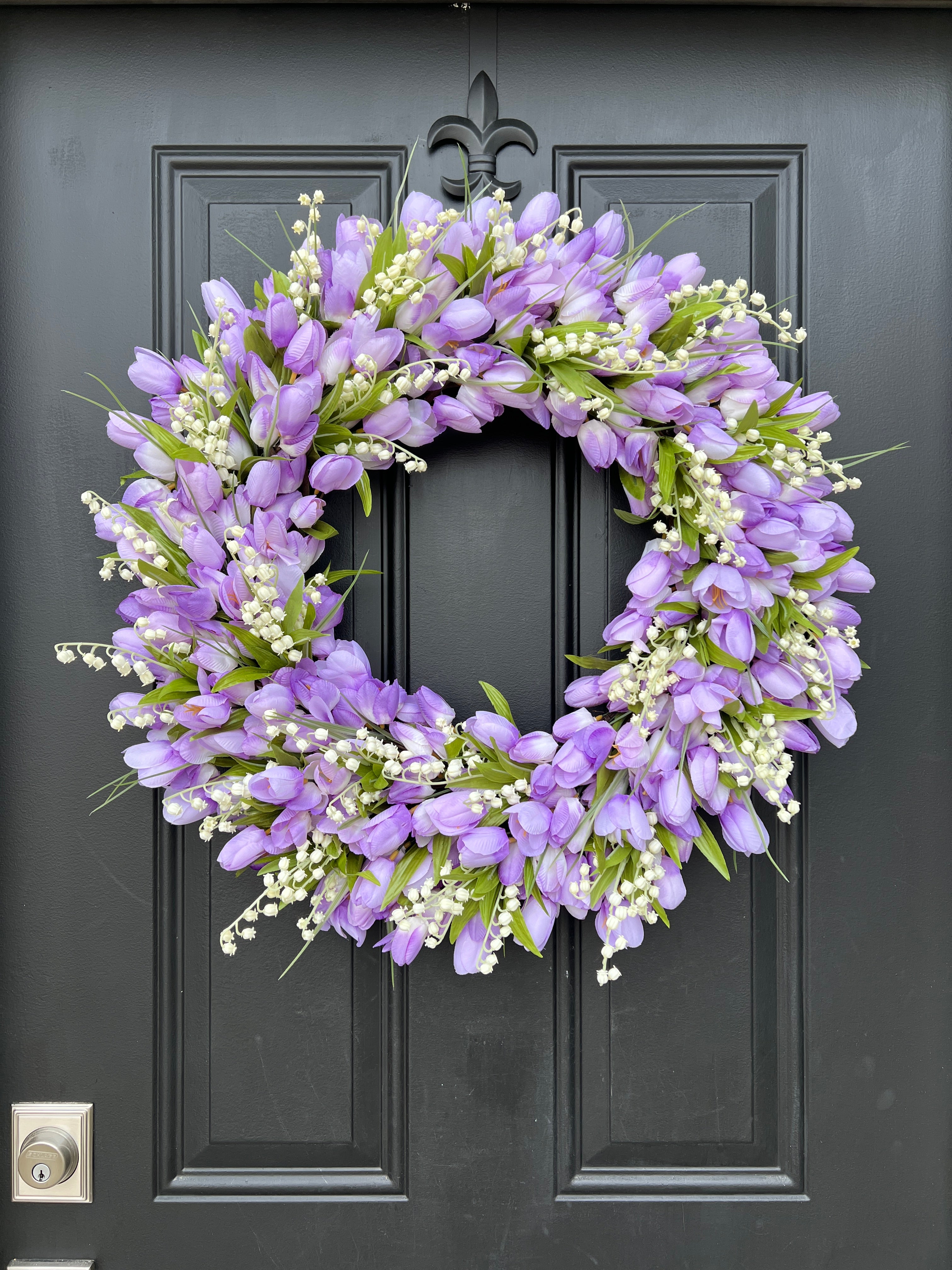 Purple Tulip Wreath with Lily of the Valley, Front Door Spring Tulip Wreath